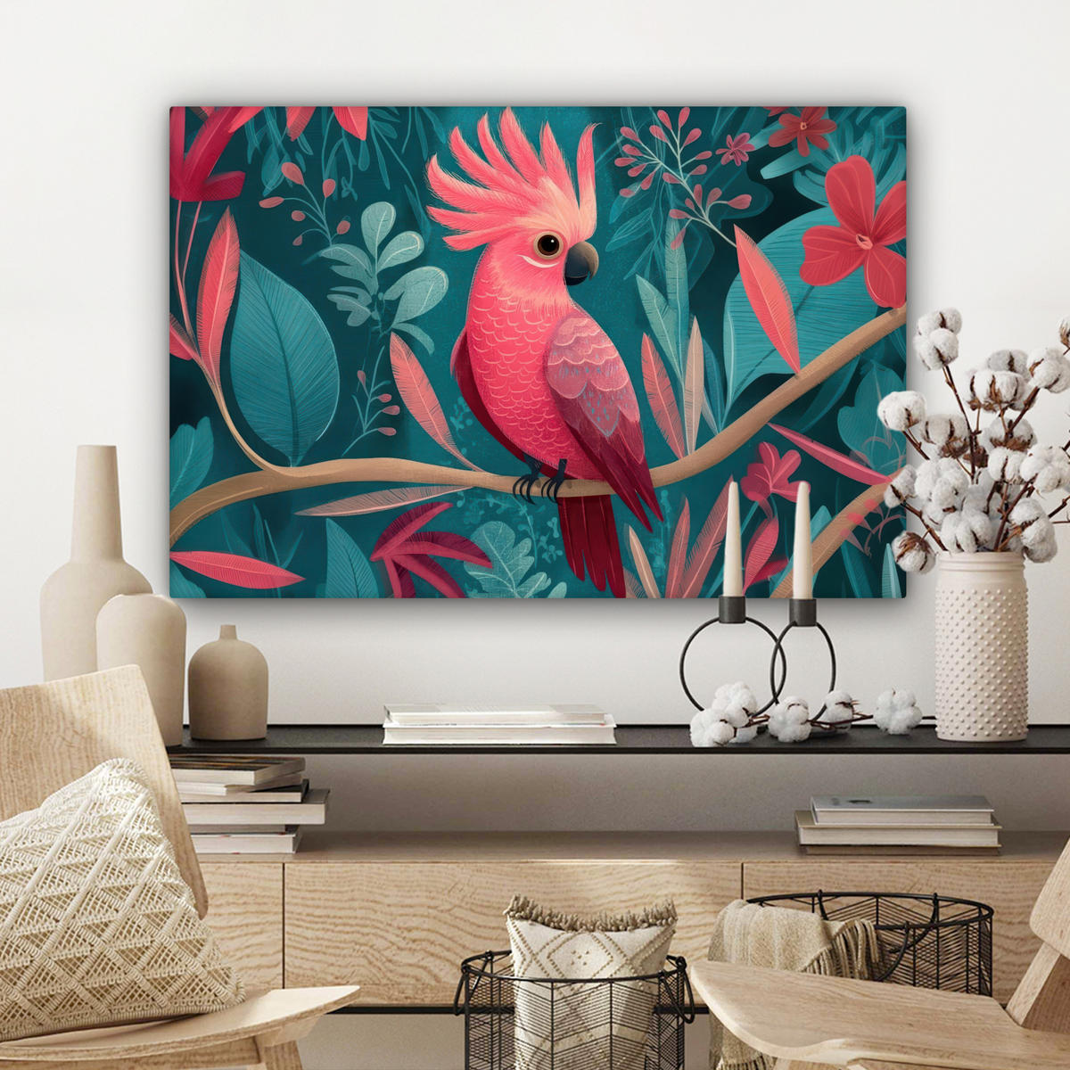 LEINWANDBILD Kakadu - Tropische Blätter - Zweig Wanddeko 90x60 cm - Petrol, Textil (90/60cm) - MuchoWow