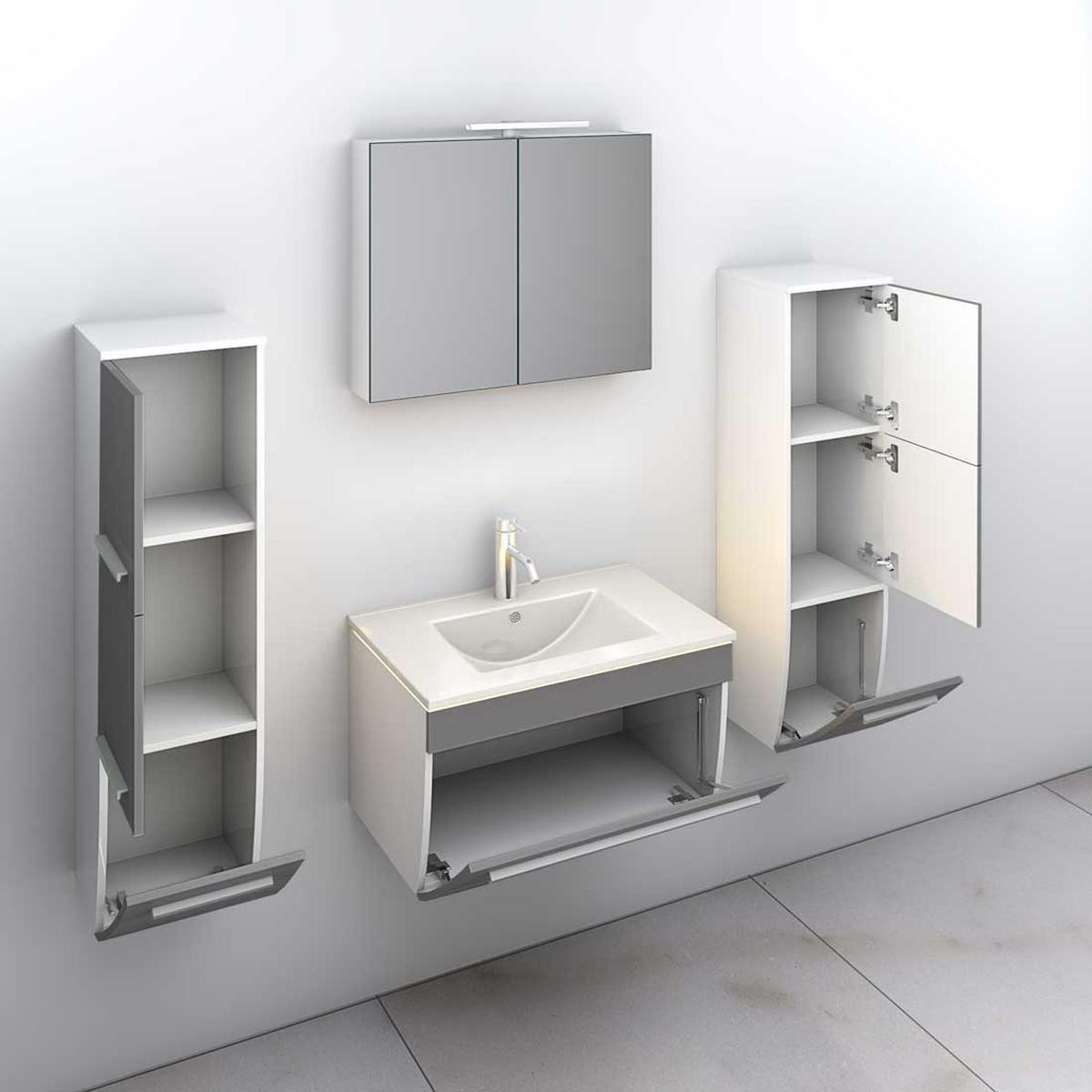 BADMÖBEL Set Gently 3 V3 Weiß/Grau Badezimmermöbel Badspiegel Waschtisch 70 cm mit 1x 5W LED / Energiebox - Grau, Glas/Kunststoff (46/40/70cm) - AcquaVapore by Sandra Jentho