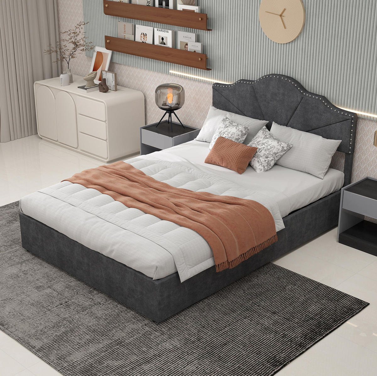 POLSTERBETT 160/200 cm grau aus Stoff und Metall mit Bettkasten - Grau, Textil (160/200cm) - OKWISH