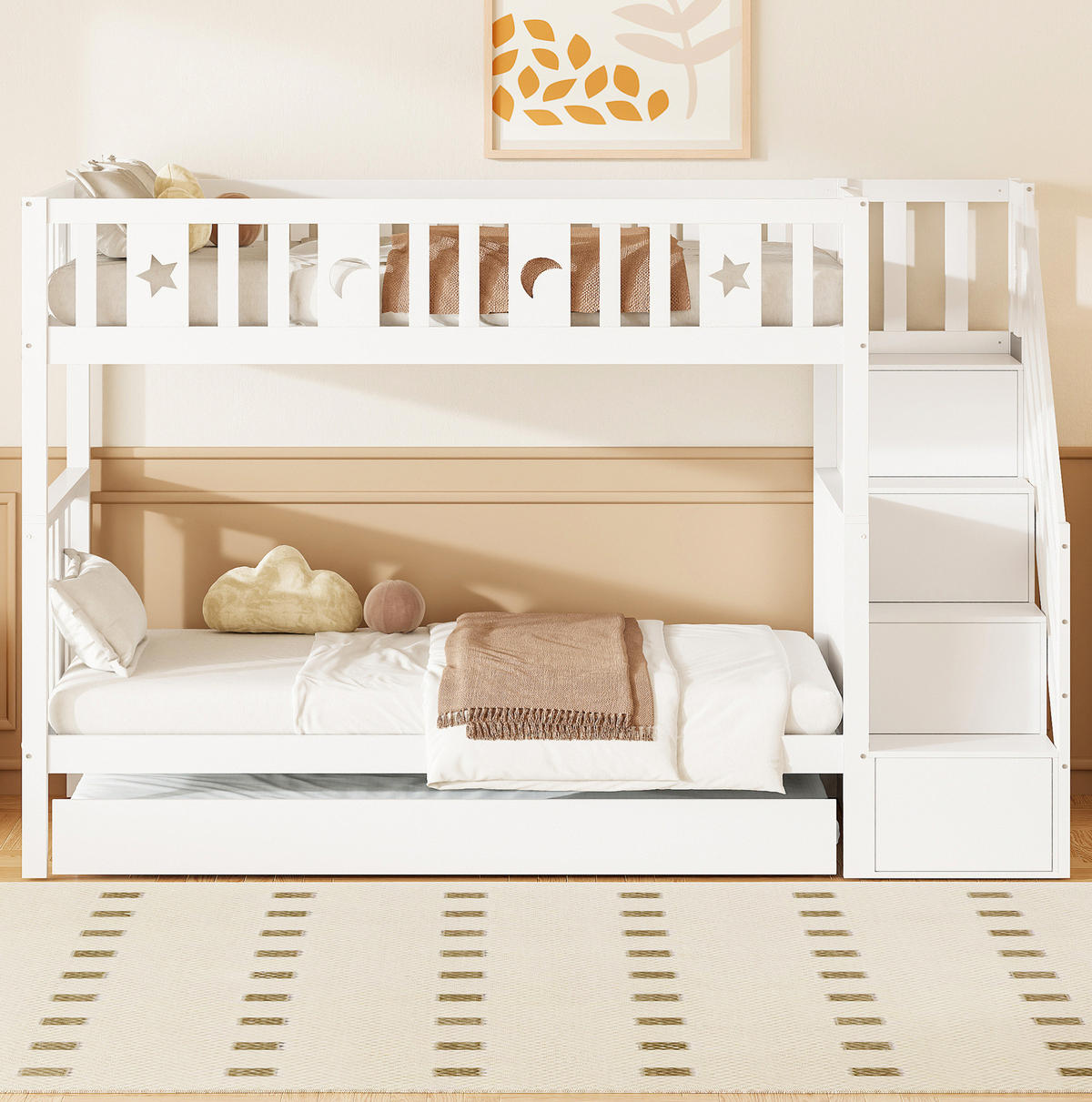 POSCHODOVÁ posteľ 90/200 cm biela s výsuvným lôžkom a úložnými schodmi z MDF a borovicového dreva - biela, kompozitné drevo (90/200cm) - OKWISH