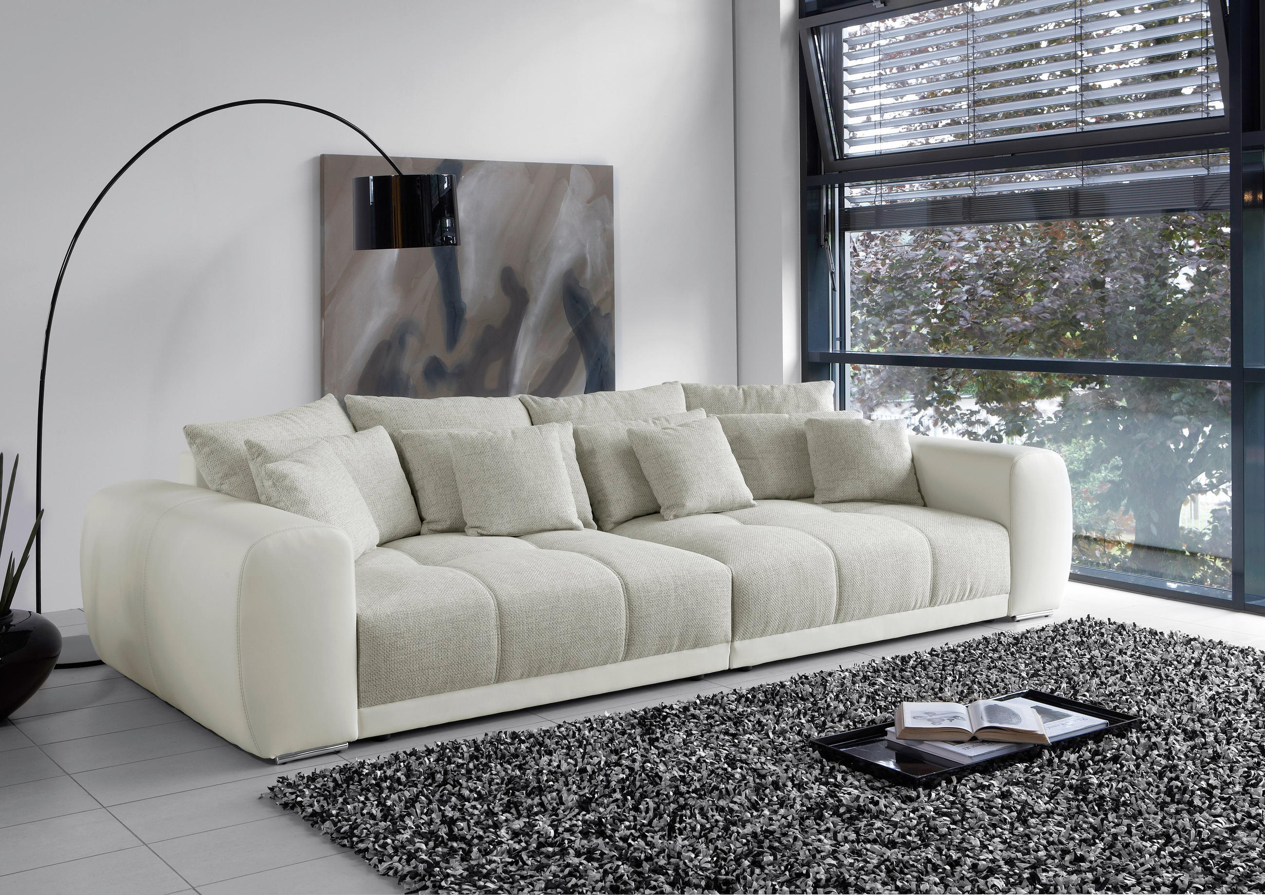 BIG-SOFA Federkern B306/T134/H86 cm, Liegefläche 120x240 cm, Korpus Kunstleder Weiß+Bezug Web-Strukturstoff Grau Beige / 15113 - Chromfarben/Graubraun, Textil/Metall (306/86/134cm) - luma-home
