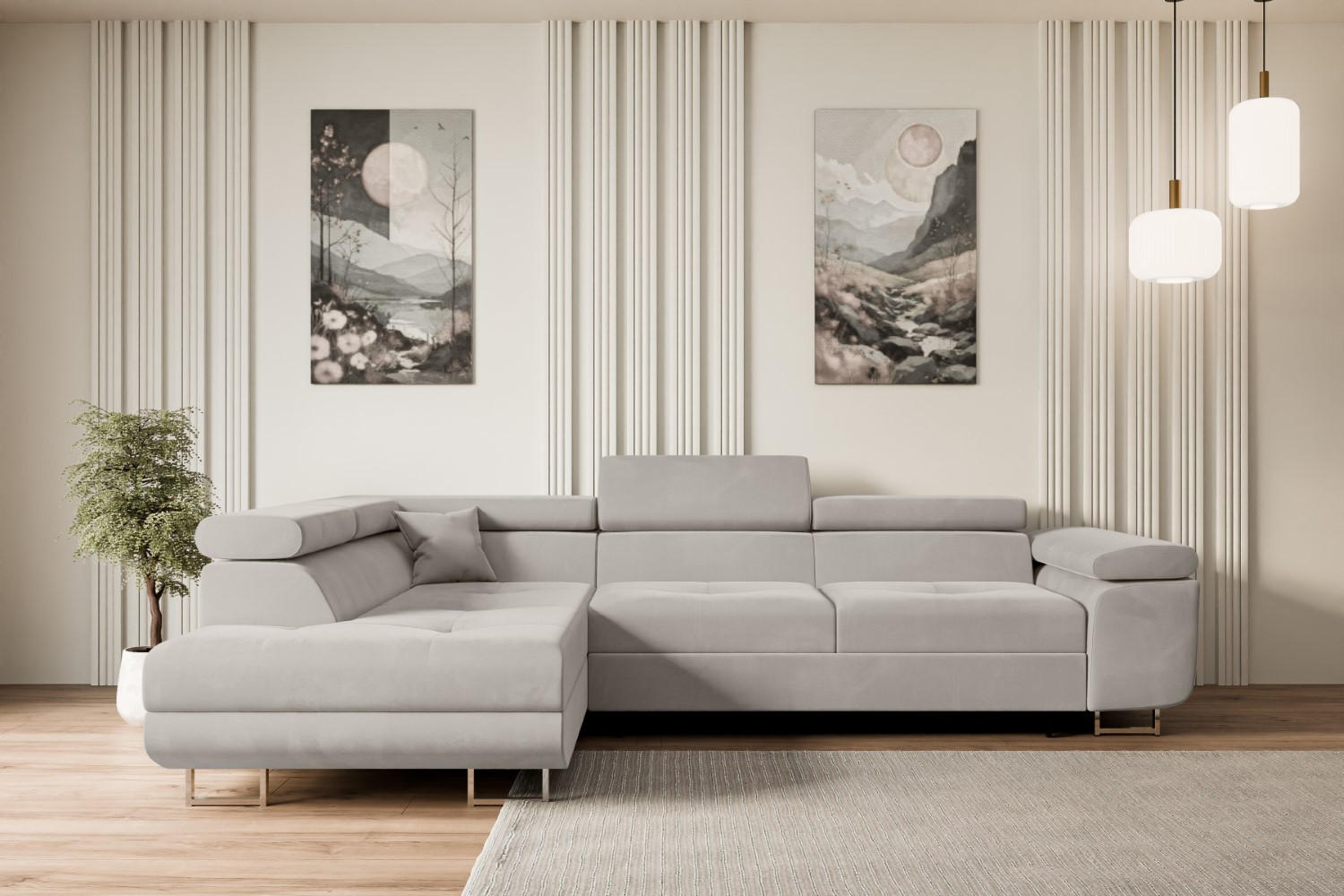 ECKSOFA mit Schlaffunktion und Bettkasten GUSA-L 272x202x107 cm Hellbraun Velours - Hellbraun/Silberfarben, Holzwerkstoff/Textil (202/272cm) - ALTDECOR