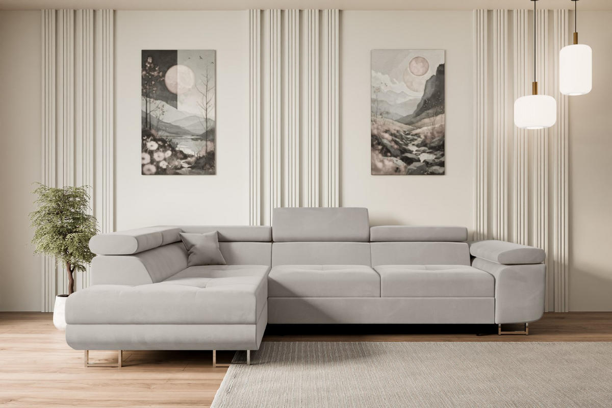 ECKSOFA mit Schlaffunktion und Bettkasten GUSA-L 272x202x107 cm Hellbraun Velours - Hellbraun/Silberfarben, Holzwerkstoff/Textil (202/272cm) - ALTDECOR