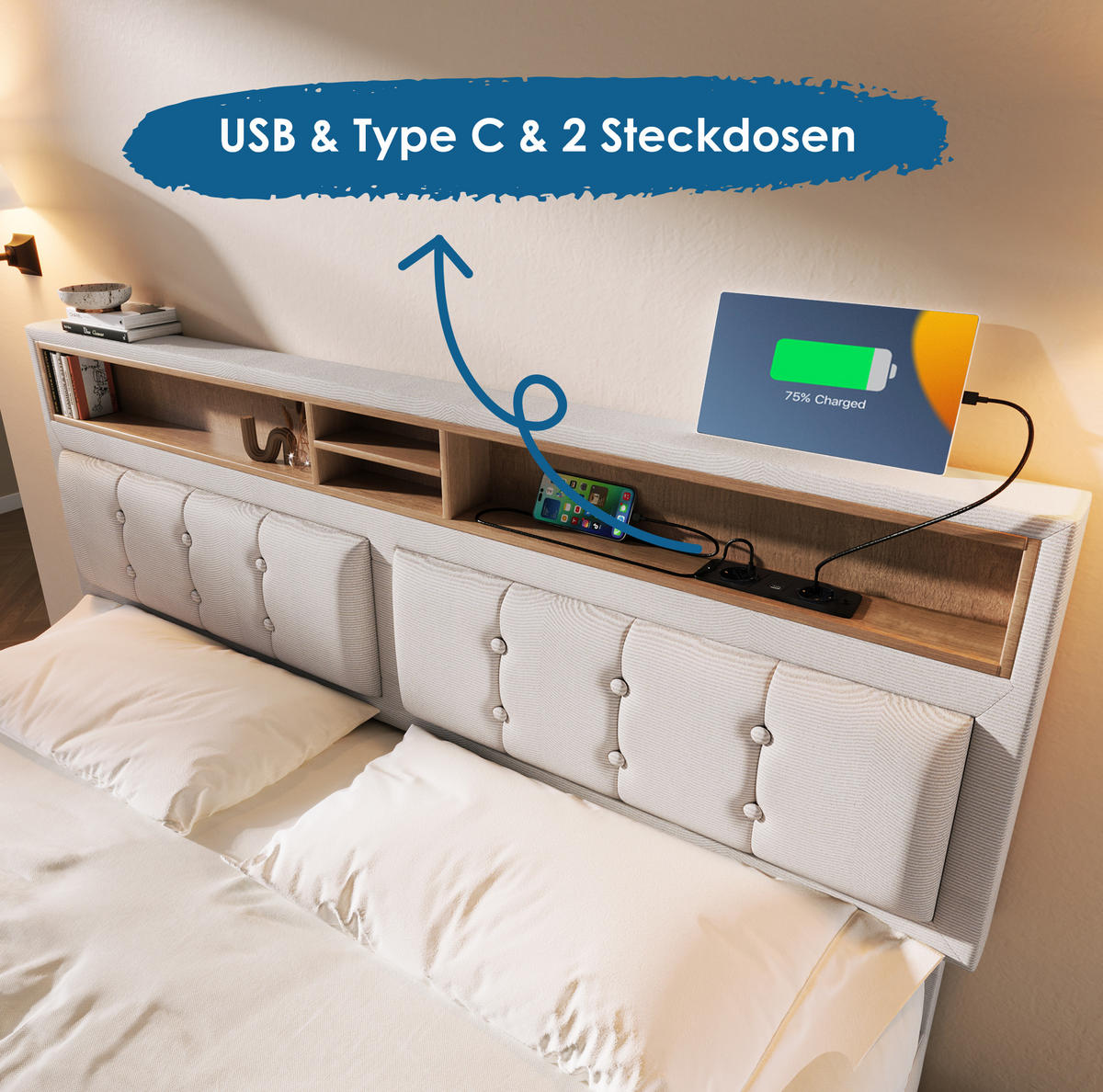 OBLAZINJENA postelja 160/200 cm iz lanene tkanine z nastavljivim vzglavjem, USB-C priključkom in shranjevanjem, Bež - bež, tekstil (160/200cm) - Redom