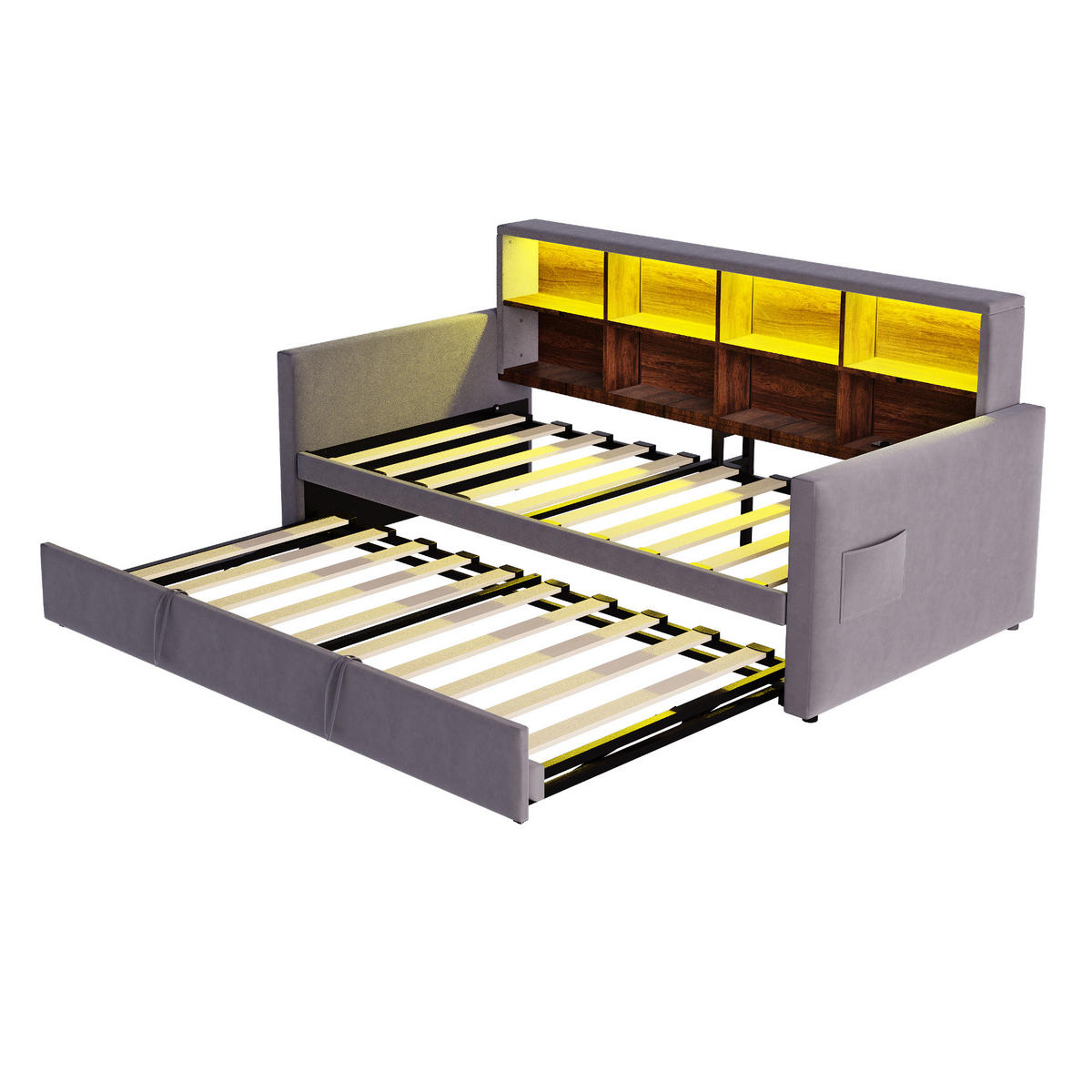 SOFA KREVET 90x190 Baršun LED USB Izvlačni Krevet Sivi - siva, tekstil (90/190cm) - FLIEKS