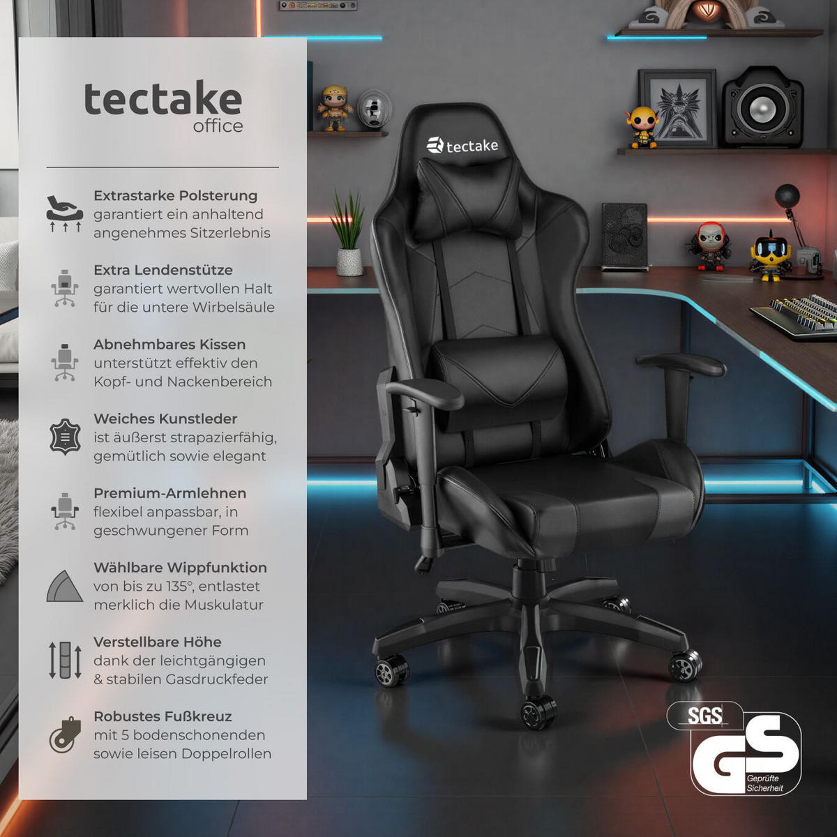 RACING-GAMINGSTUHL Twink,Belastbarkeit 120 kg,schwarz - Schwarz, Textil (68/125/69cm) - tectake