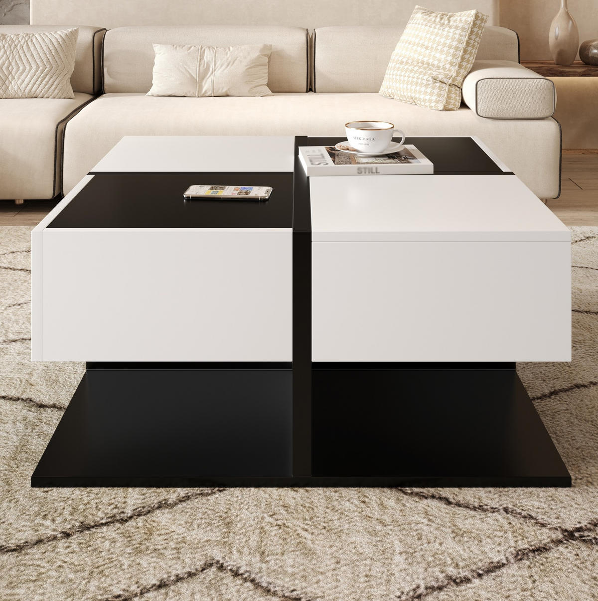 COUCHTISCH 70/70/35,5 cm mit 2 Schubladen und leichtgängigen Schienen aus Spanplatte, Schwarz/Weiß - Schwarz, Holzwerkstoff (70/70/35.5cm) - Redom