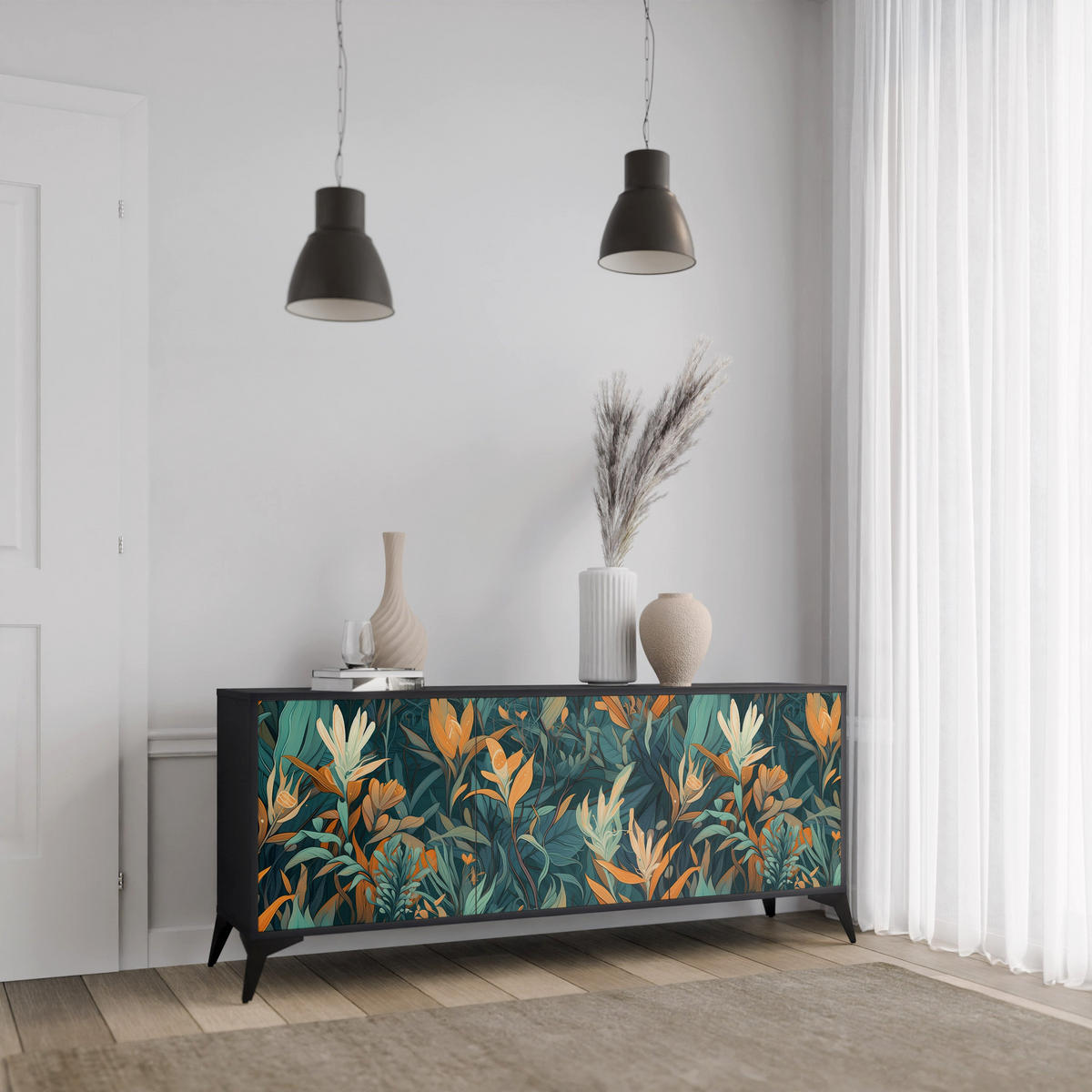 SIDEBOARD FLORAL SERENITY, Eicheneffekt, 164,5x42x77,5 cm, 3 Türen - Eichefarben/Buchefarben, Holzwerkstoff/Buchenholz (164.5/77.5/42cm) - SpaceRebels