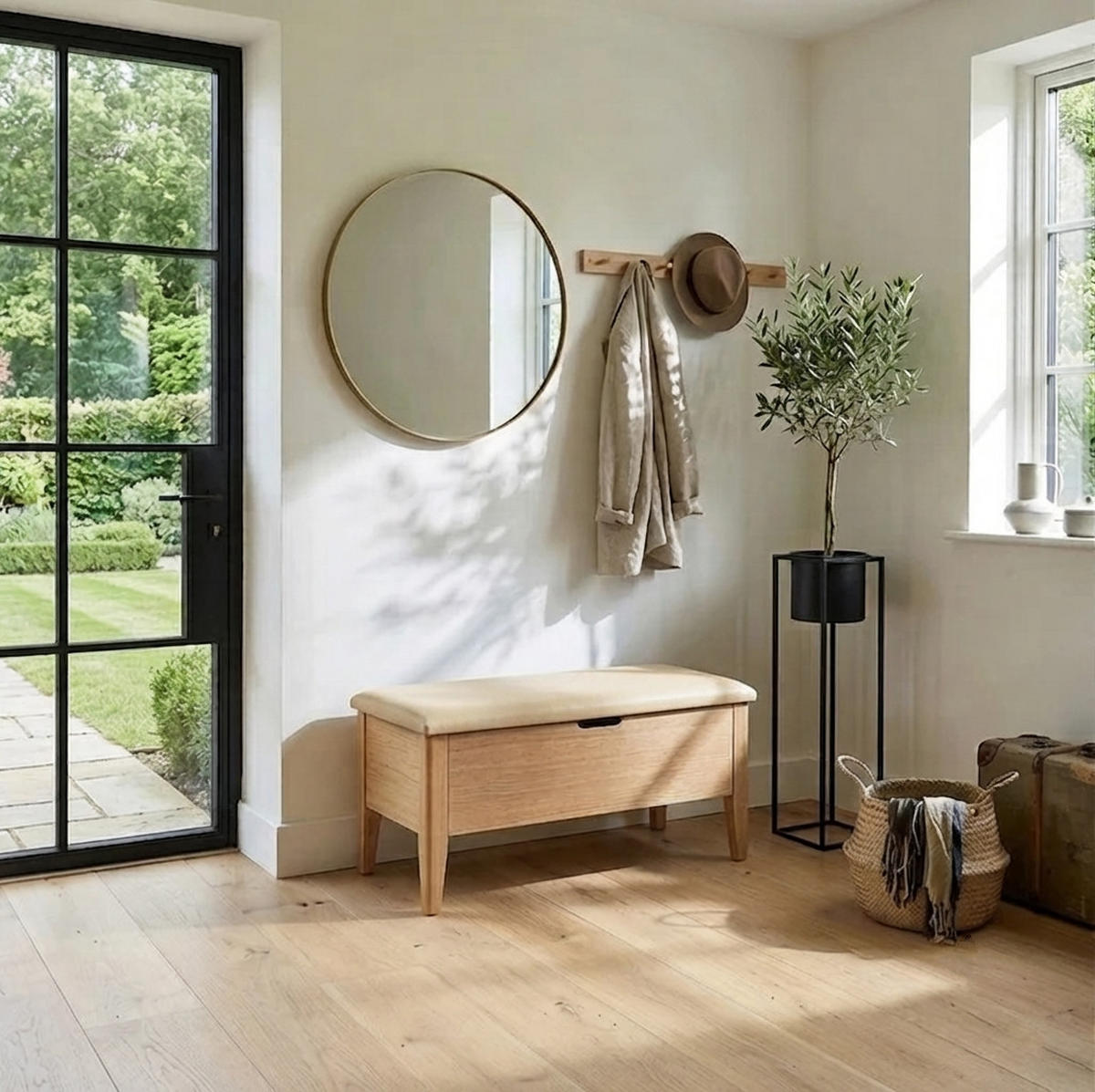 SITZBANK Oslo 90 cm, Eiche Natur, Leder Beige - Beige, Holz (90/42/42cm) - WOODEK