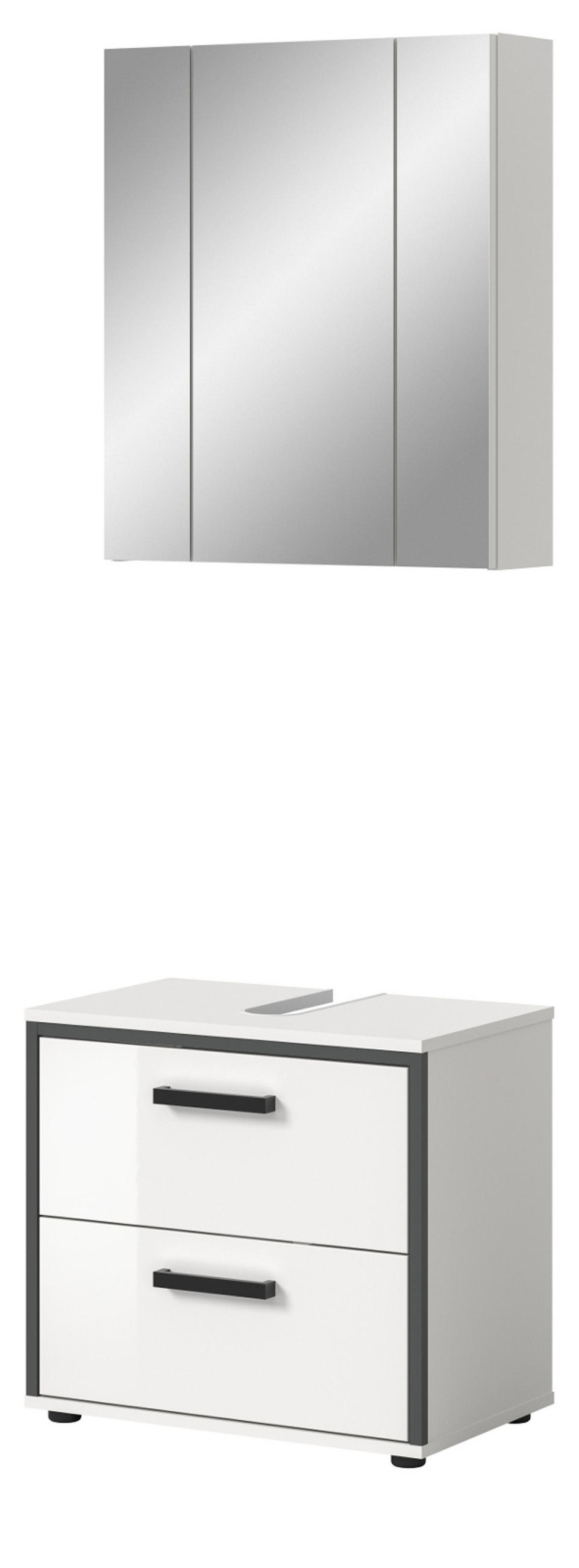 BADMÖBEL-SET 2-teilig weiß Hochglanz, grau, Badkombination 60 x 190 cm - Weiß Hochglanz/Schwarz, Glas/Holzwerkstoff (60/190/37.5cm) - Inn.Furn