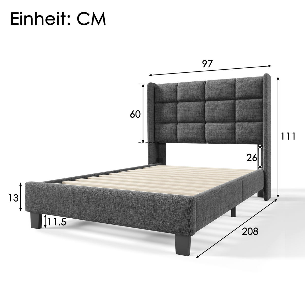 POLSTERBETT 90/200 cm Grau aus Leinen mit Lattenrost und Federkernmatratze - Grau, Textil (90/200cm) - OKMYHOME