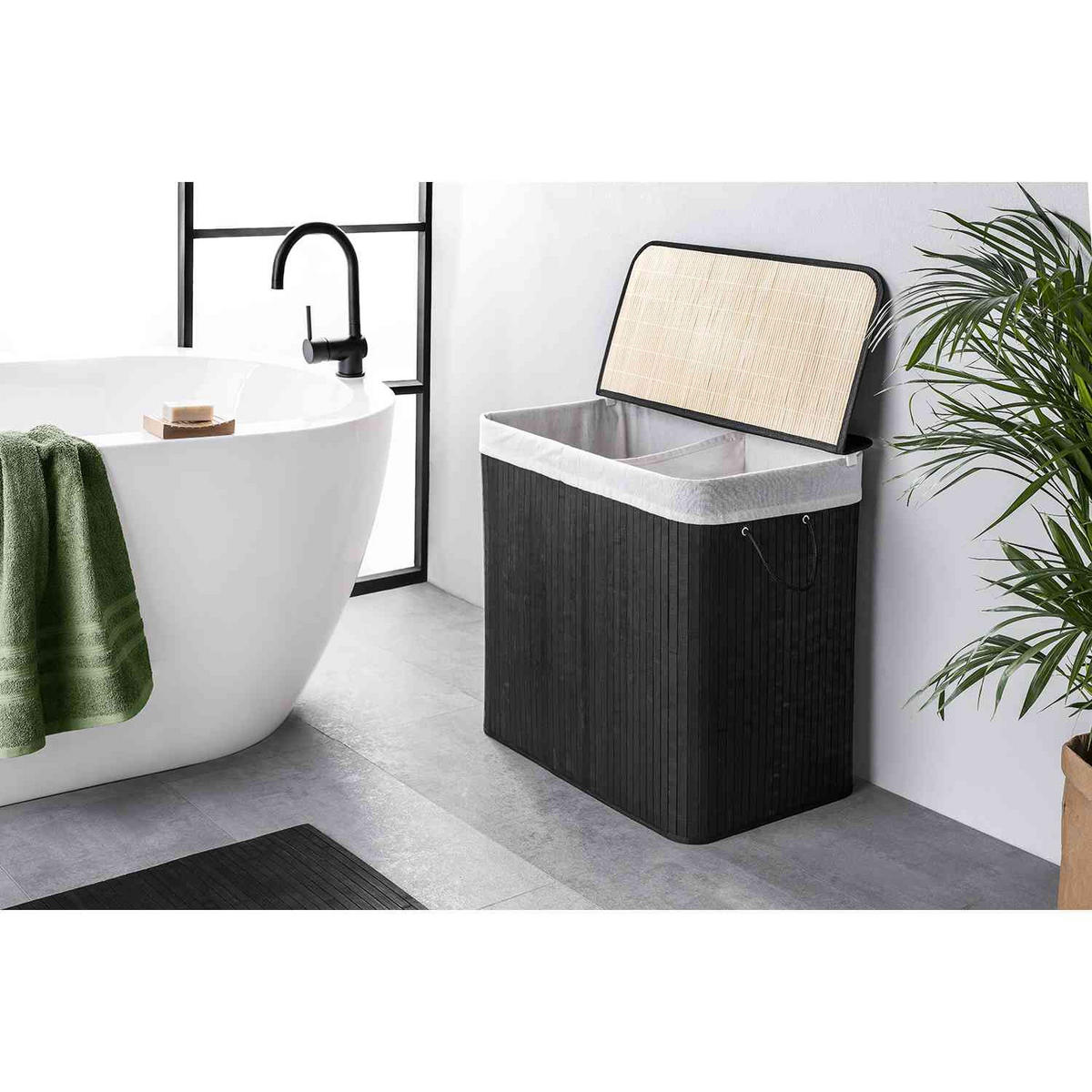 WÄSCHEKORB MIT DECKEL BAMBOO - Schwarz, Naturmaterialien (40/60/30cm) - WohnDirect