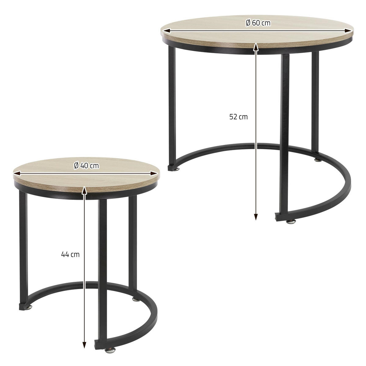 COUCHTISCH rund Sonoma-Schwarz 60/60/52-40/40/44 cm 2er Set - Schwarz, Metall (60/52/60cm) - ML-DESIGN