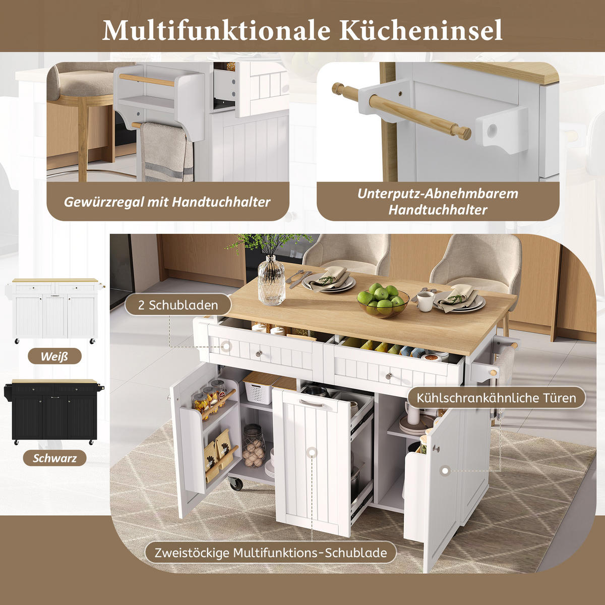 KÜCHENINSEL 140x40-70x92 cm Weiß mit Ausziehbarer Arbeitsplatte und Multifunktionsschubladen - Weiß, Holz/Holzwerkstoff (140/92/40cm) - Oxeza