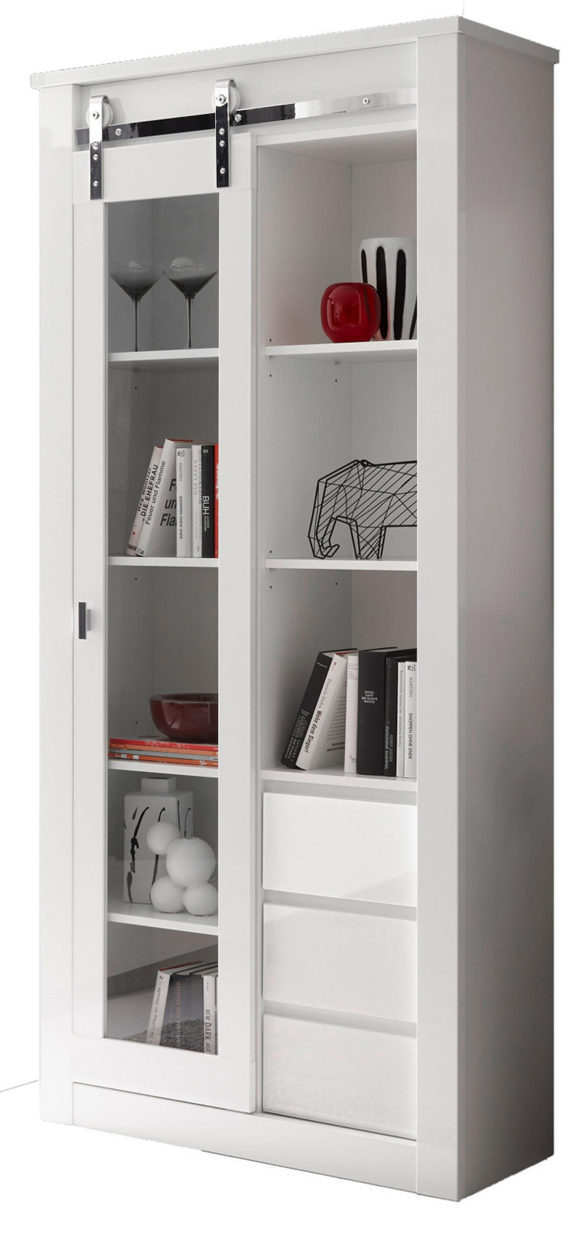 VITRINE weiß Hochglanz 93 x 201 cm, Vitrinenschrank mit Soft-Close - Chromfarben/Weiß Hochglanz, Glas/Holzwerkstoff (93/201/38cm) - Furn.Design