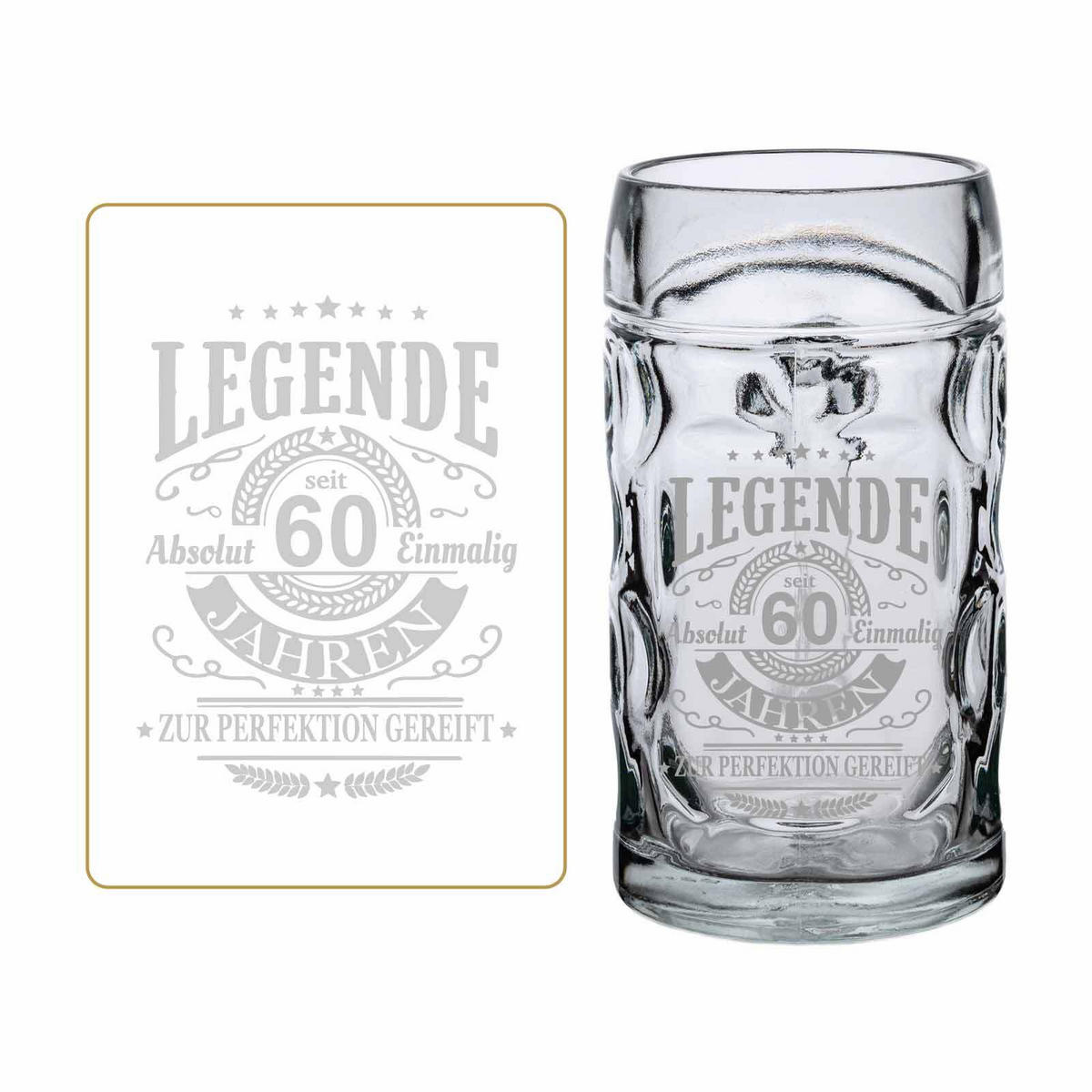 BIERKRUG MIT GRAVUR Legende seit 60 Jahren transparent 0,5 Liter - Transparent, Glas (0.5L) - LUXENTU
