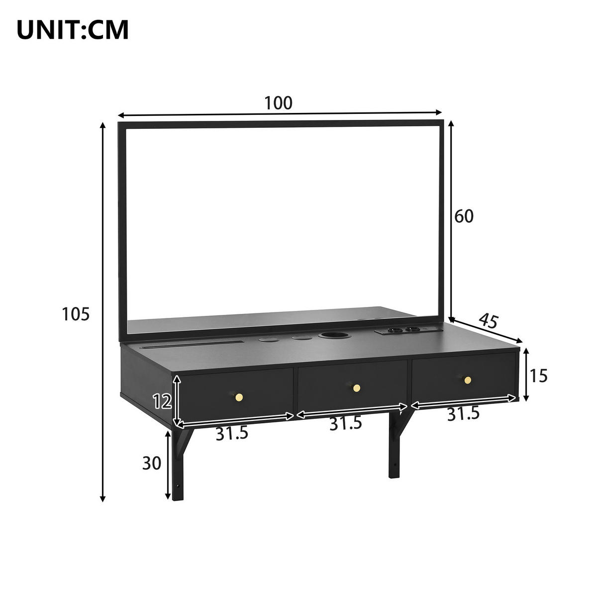 SCHMINKTISCH aus Spanplatte 100x45x105 cm Schwarz mit Spiegel, 3 Schubladen und Steckdosenleiste - Schwarz, Holzwerkstoff (100/105/45cm) - Modfu