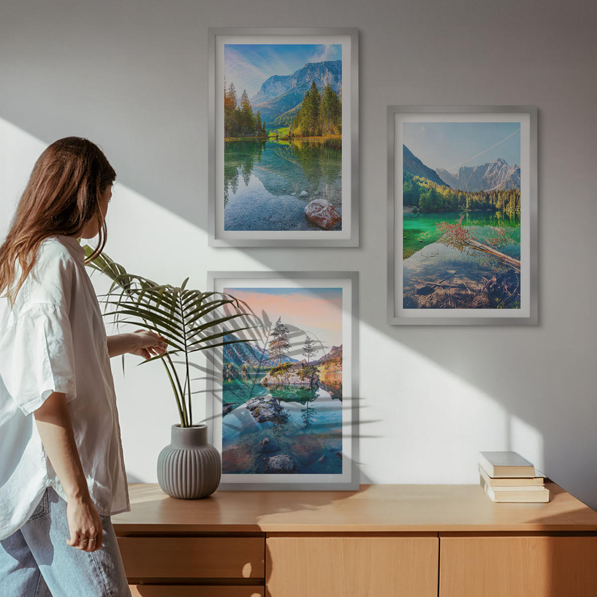 BILDER SET 3er Set - 40x60 cm Silberner Rahmen - Naturlandschaft der Bergseen - Silberfarben, Kunststoff (40/60cm) - TULUP