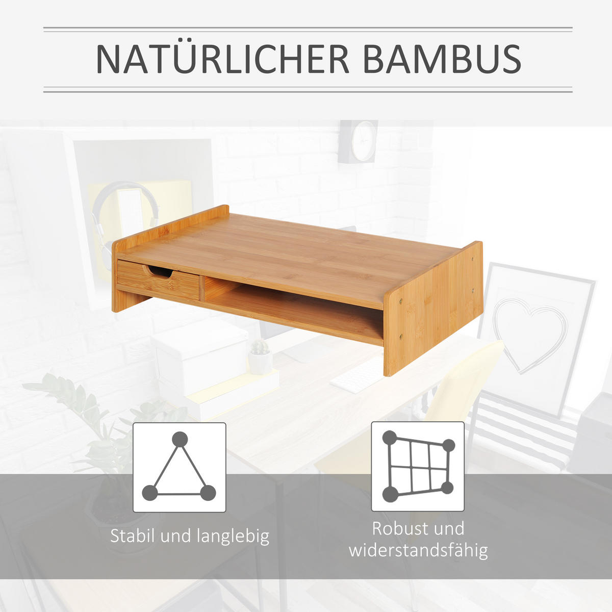 MONITORSTÄNDER Mit Schubladen Bildschirmständer Schreibtisch-Organizer Natur - Naturfarben, Holz (49/25.5/11.5cm) - HOMCOM