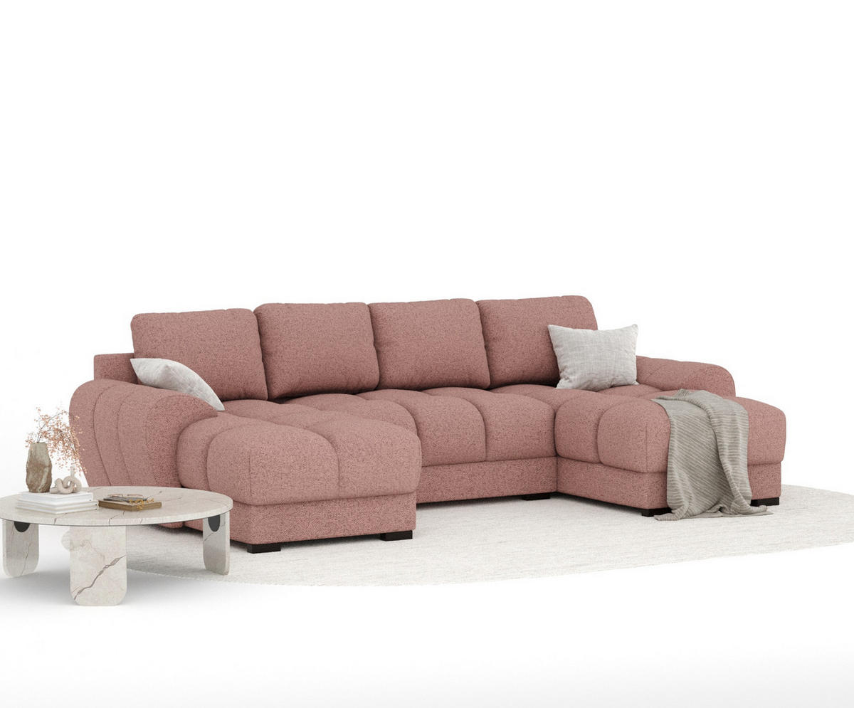 WOHNLANDSCHAFT Peebles Rosa Webstoff - Pink/Schwarz, Holz/Holzwerkstoff (330/90/175cm) - Maison de Reve