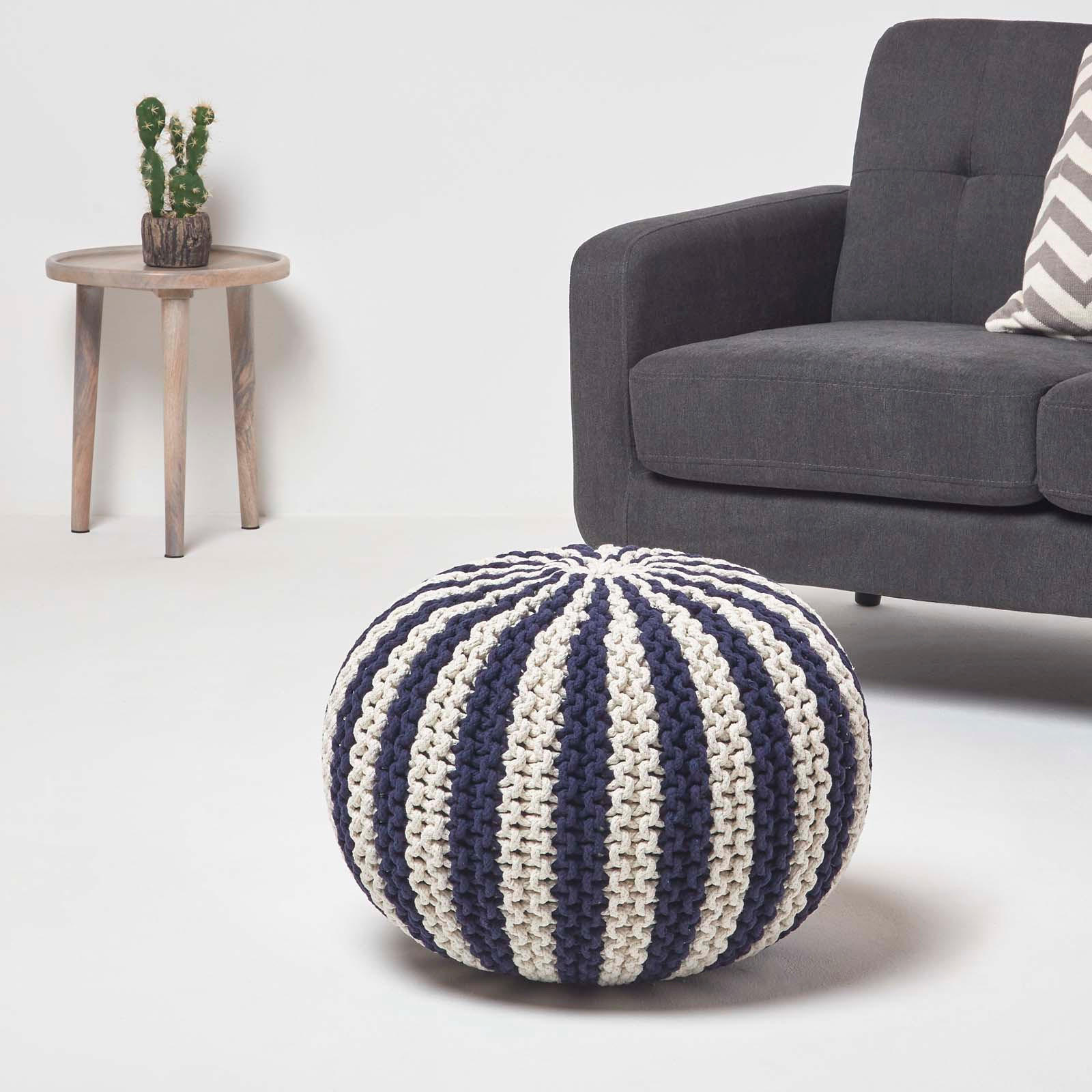 STRICKPOUF rund, marine-creme gestreift, 50/50/40 cm - Dunkelblau, Textil (50/40/50cm) - Homescapes