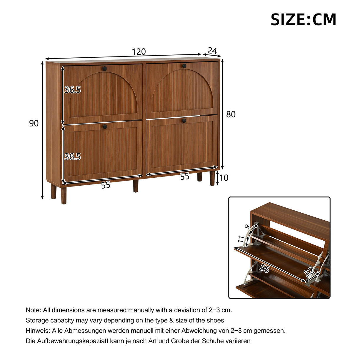 SCHUHSCHRANK in Walnussfarben mit 4 Kipptüren mit 8 Fächern für Flur, B120/T24/H90 cm - Walnussfarben, Holzwerkstoff (120/90/24cm) - STILVORA