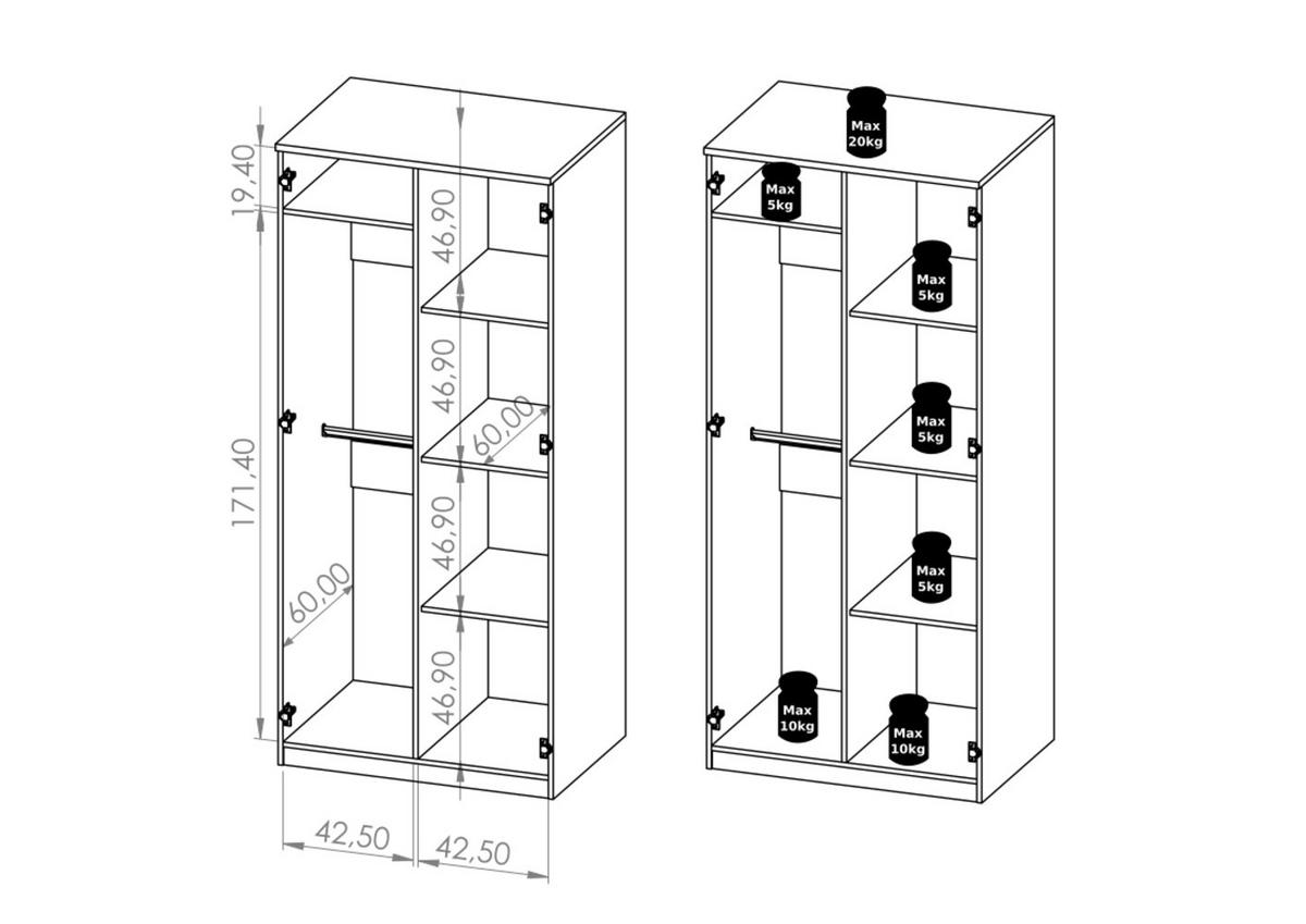 KLEIDERSCHRANK Tamiza 2-türig 90 cm breite - Silberfarben/Eiche Artisan, Holzwerkstoff/Kunststoff (90/202/65cm) - Ravio