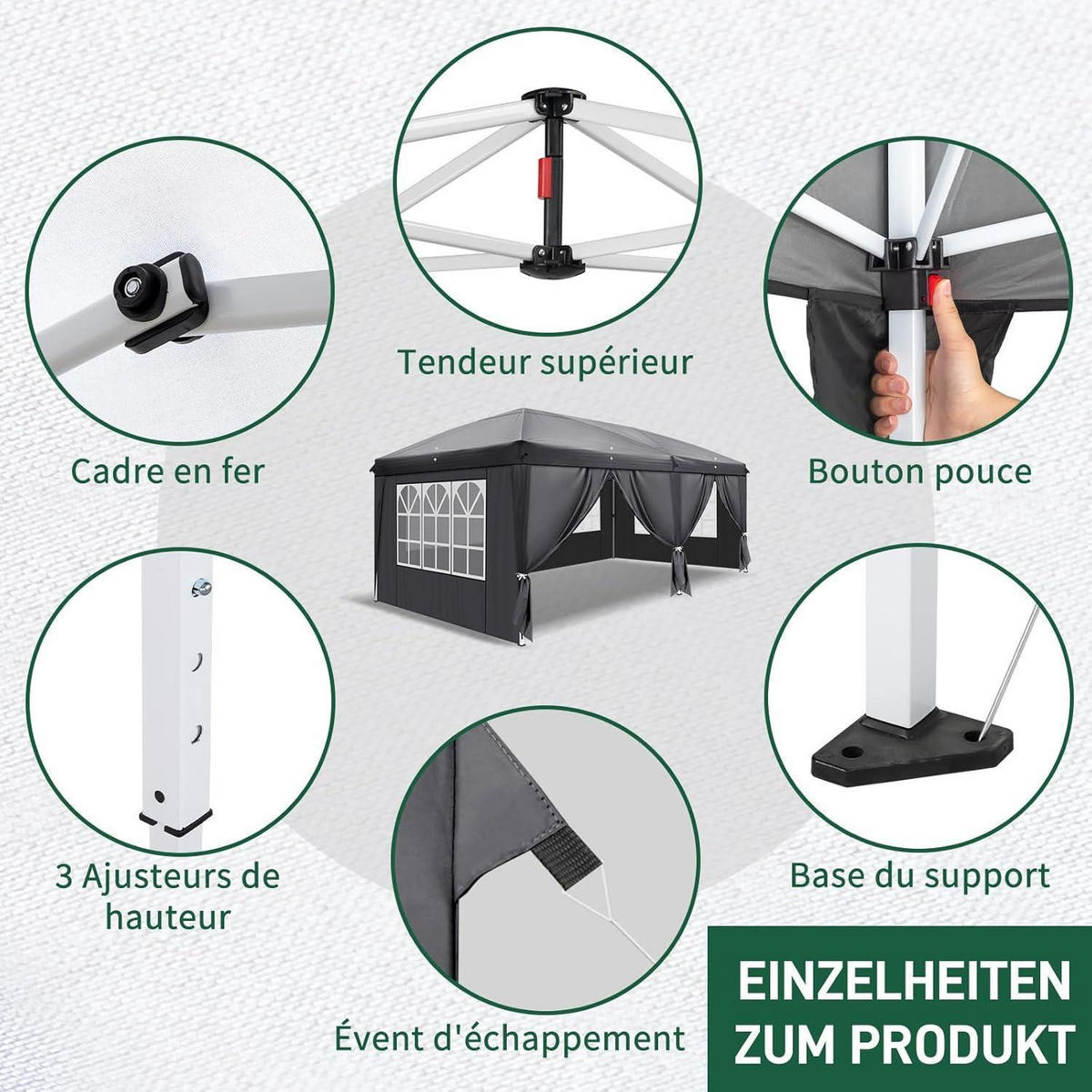 FALTPAVILLON 3x6m Dunkelgrau Wasserdicht UV-Schutz 50+ Metall - Anthrazit, Metall (300/268/600cm)