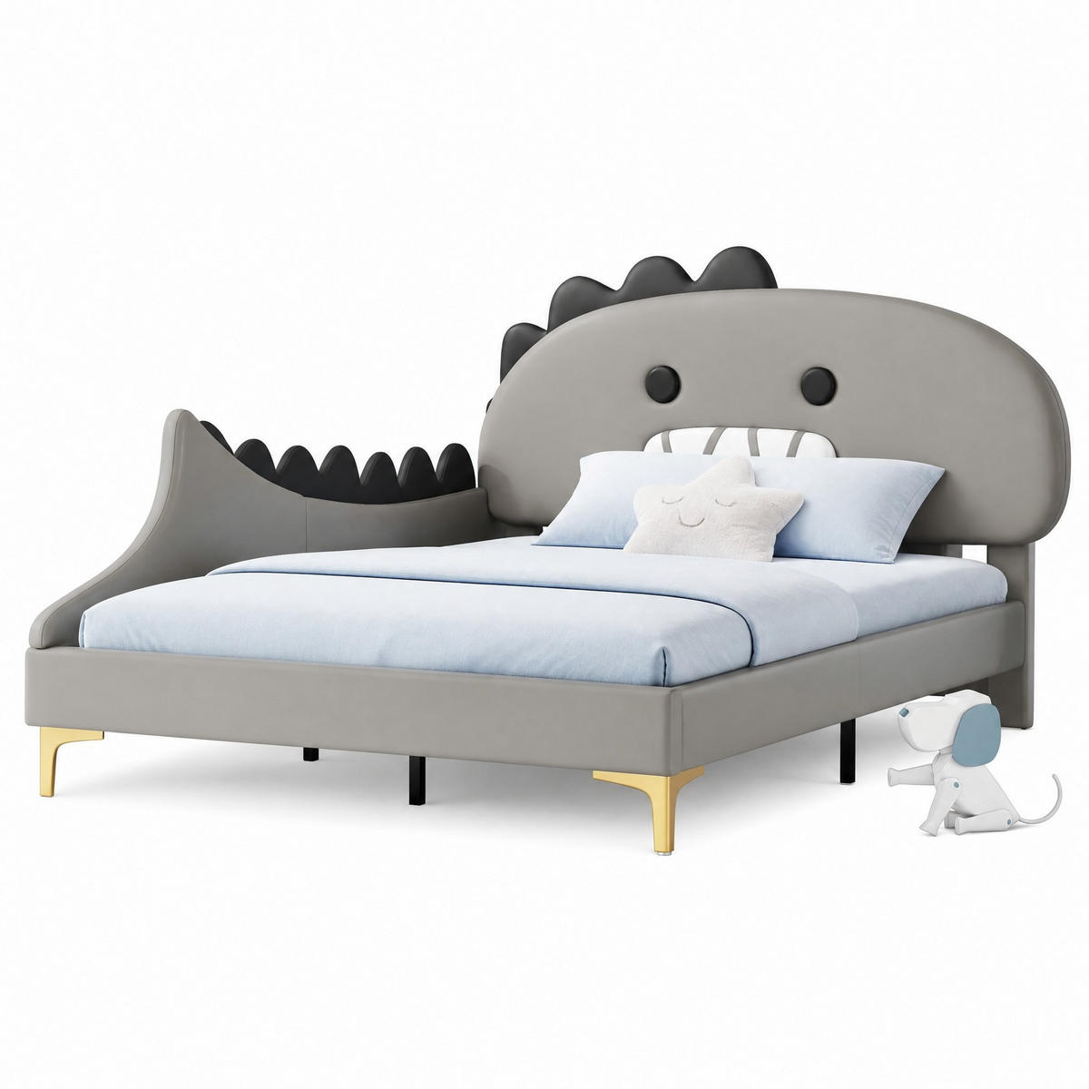 KINDERBETT 140/200 cm in Grau mit Dinosaurier-Design aus PU - Grau, Holzwerkstoff/Textil (140/200cm) - CHICFURN