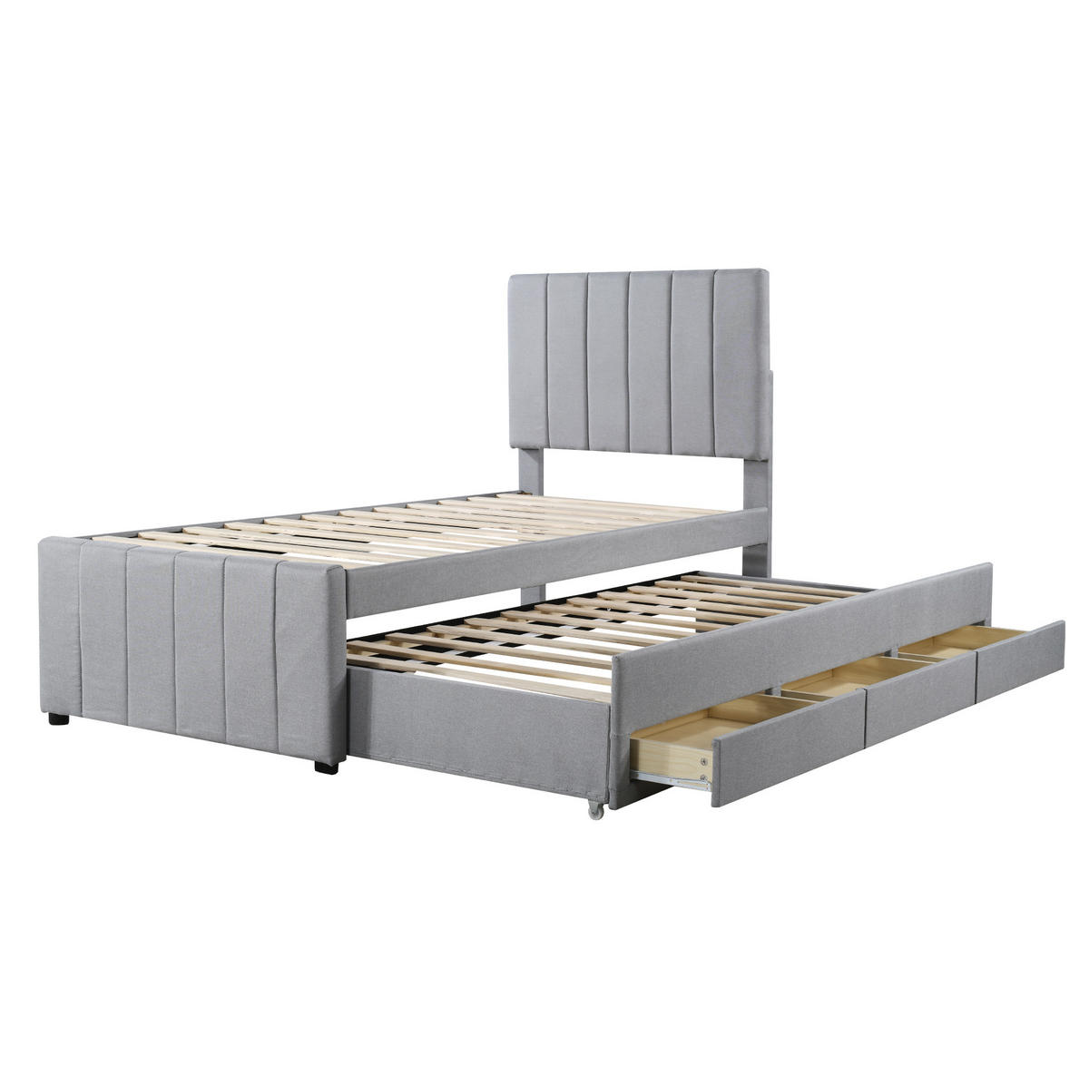 POLSTERBETT 90/200 cm aus Leinen mit Ausziehbett und 3 Schubladen Grau - Grau, Textil (90/200cm) - Modenvie