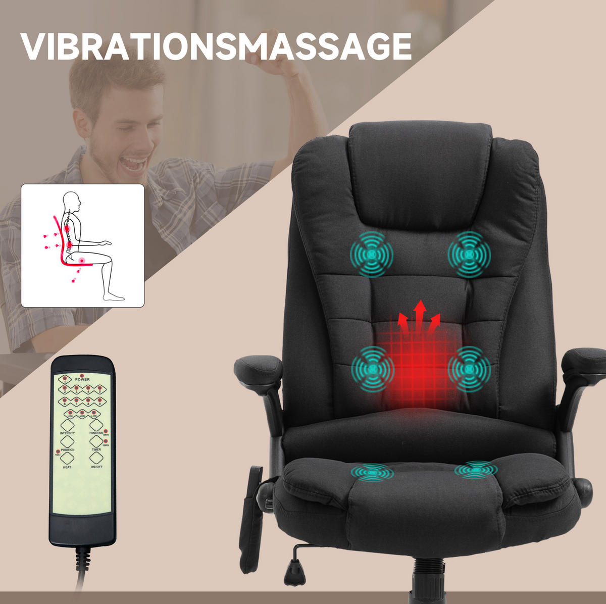 BÜROSTUHL mit Massagefunktion höhenverstellbar Schwarz - Schwarz, Kunststoff (72/120/68cm) - Meubliv