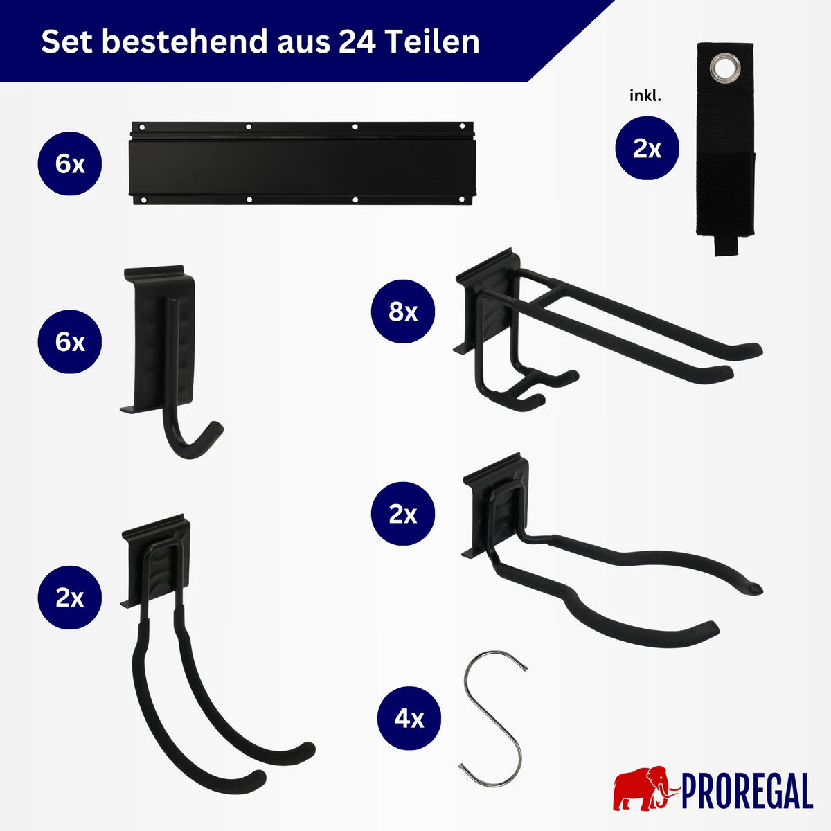 GARAGEN-WANDREGAL FORGE 24-teiliges Set Schwarz Haken Hochbelastbares Werkzeughaken für Garten, Garage - Schwarz, Metall (26/40.5/10cm) - PROREGAL