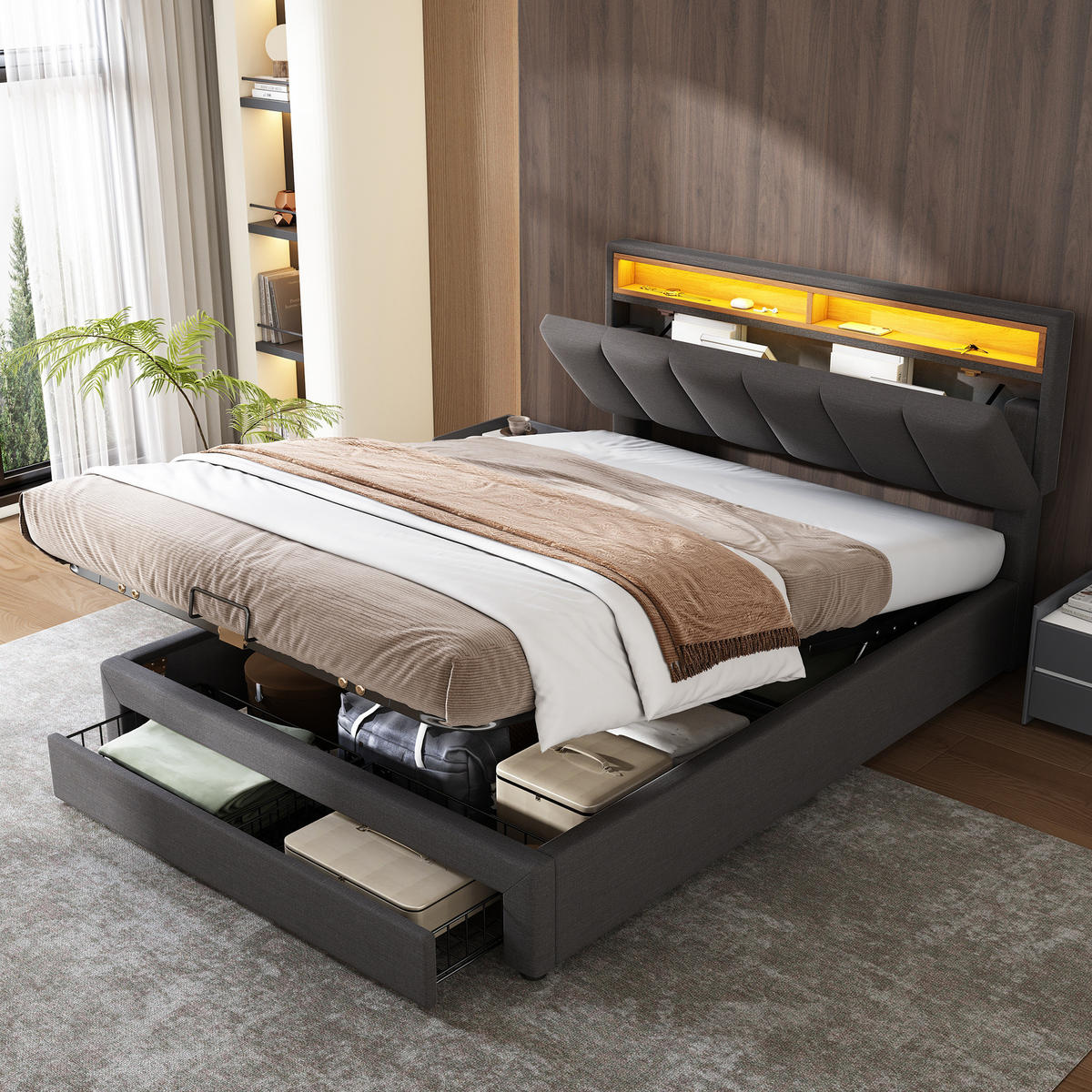 TAPECIRANI krevet od čelika i lana 140x200 cm sivi s LED rasvjetom i prostorom za odlaganje - siva, tekstil (140/200cm) - Modfu