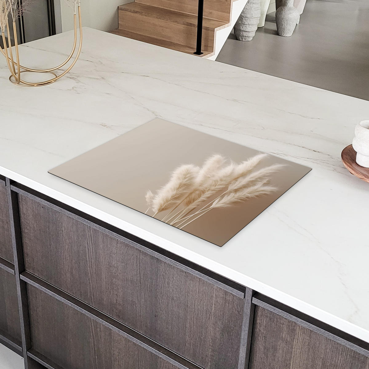 HERDABDECKPLATTE Pampasgras - Federn - Pastell - Weiß Induktionsmatte 71x52 cm - Creme, Kunststoff (71/52/0.2cm) - MuchoWow