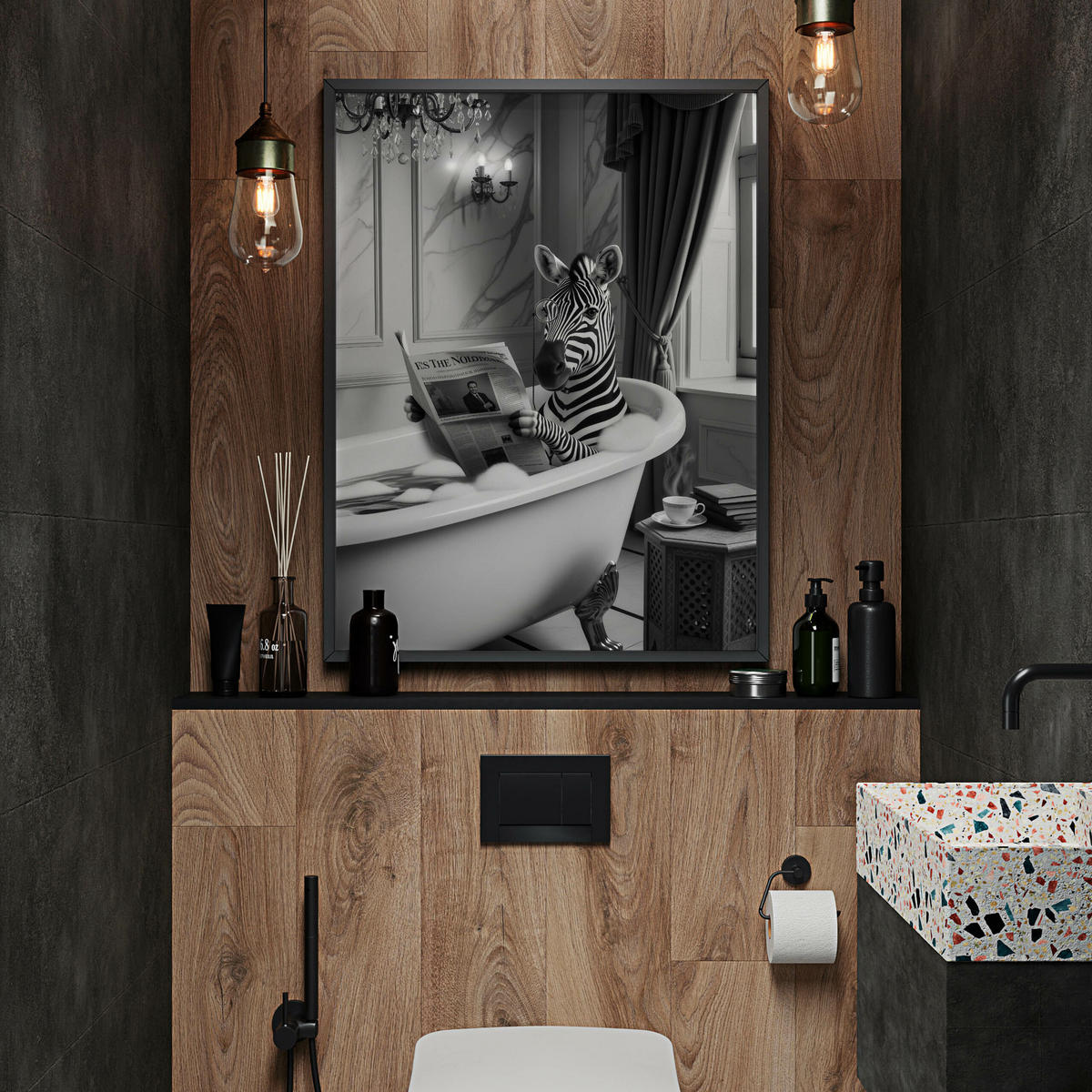 POSTER für Badezimmer WC ZEBRA in Badewanne Zeitung Abstraktion 20x30cm - Schwarz/Weiß, Papier (20/30/1cm) - Muralo