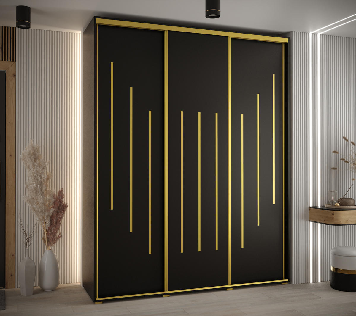 SCHWEBETÜRENSCHRANK 235,2/200/45 3-türig - Goldfarben/Schwarz, Holz/Metall (200/235/45cm) - Abiks Möbel