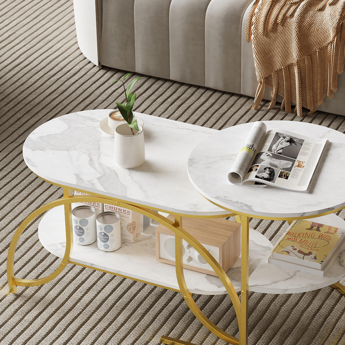 COUCHTISCH, 2ER SET, Beistelltisch Marmor Optik, Weiß Gold - Goldfarben, Metall (80/46/45cm)