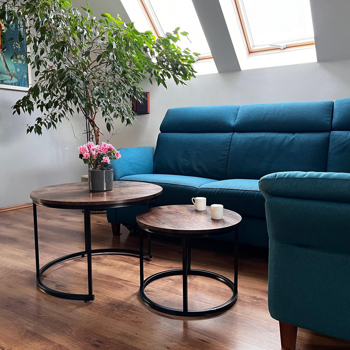 COUCHTISCH Holzoptik Metall Dunkelbraun Schwarz 2er Set 47x53x53 cm - Dunkelbraun/Schwarz, Holzwerkstoff/Metall (53/53/47cm) - Begryf