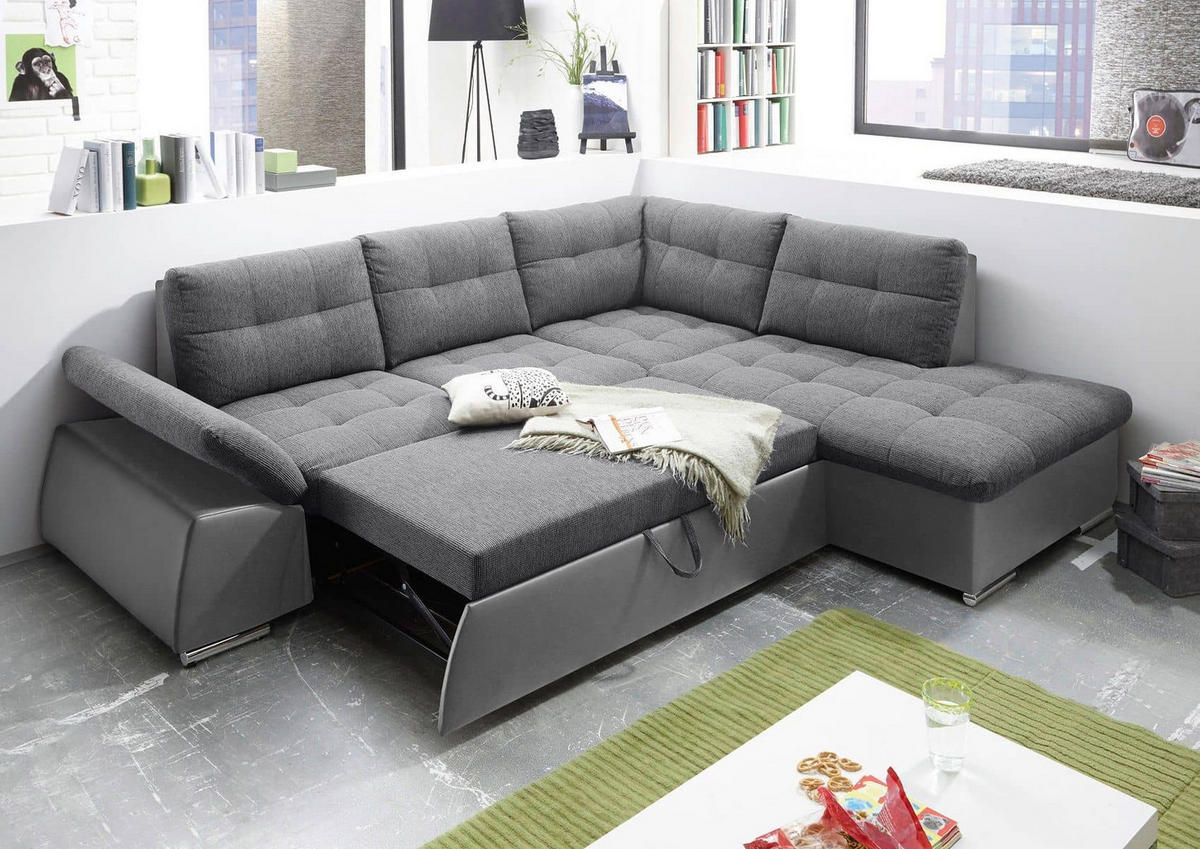 ECKSOFA mit Schlaffunktion, Armlehnfunktion und Kopfstützen - Chromfarben/Anthrazit, Textil (219/260cm) - ed exciting design