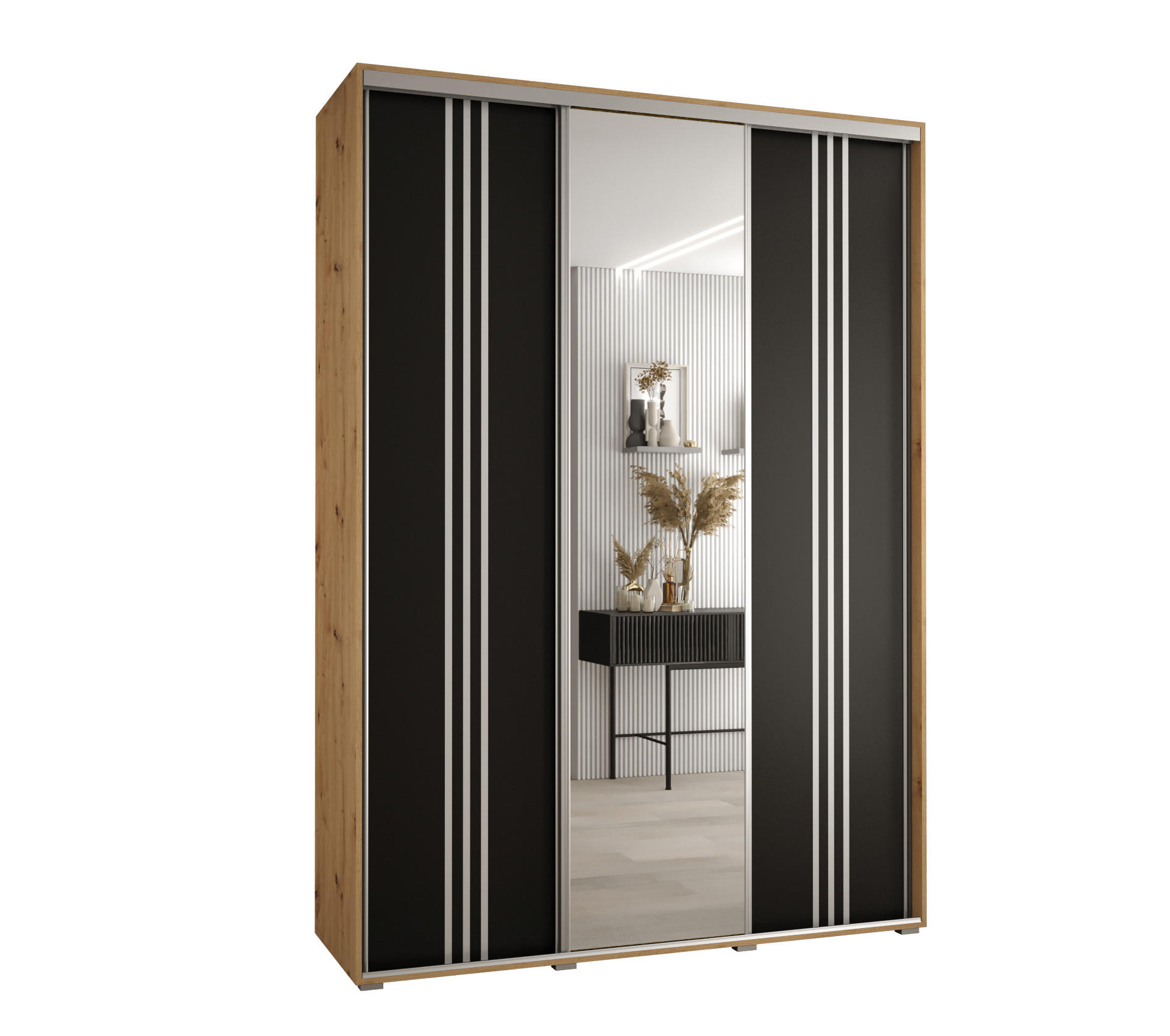 Abiks Möbel Schwebetürenschrank Eiche Artisan, Schwarz, Silber 180x235x60 cm