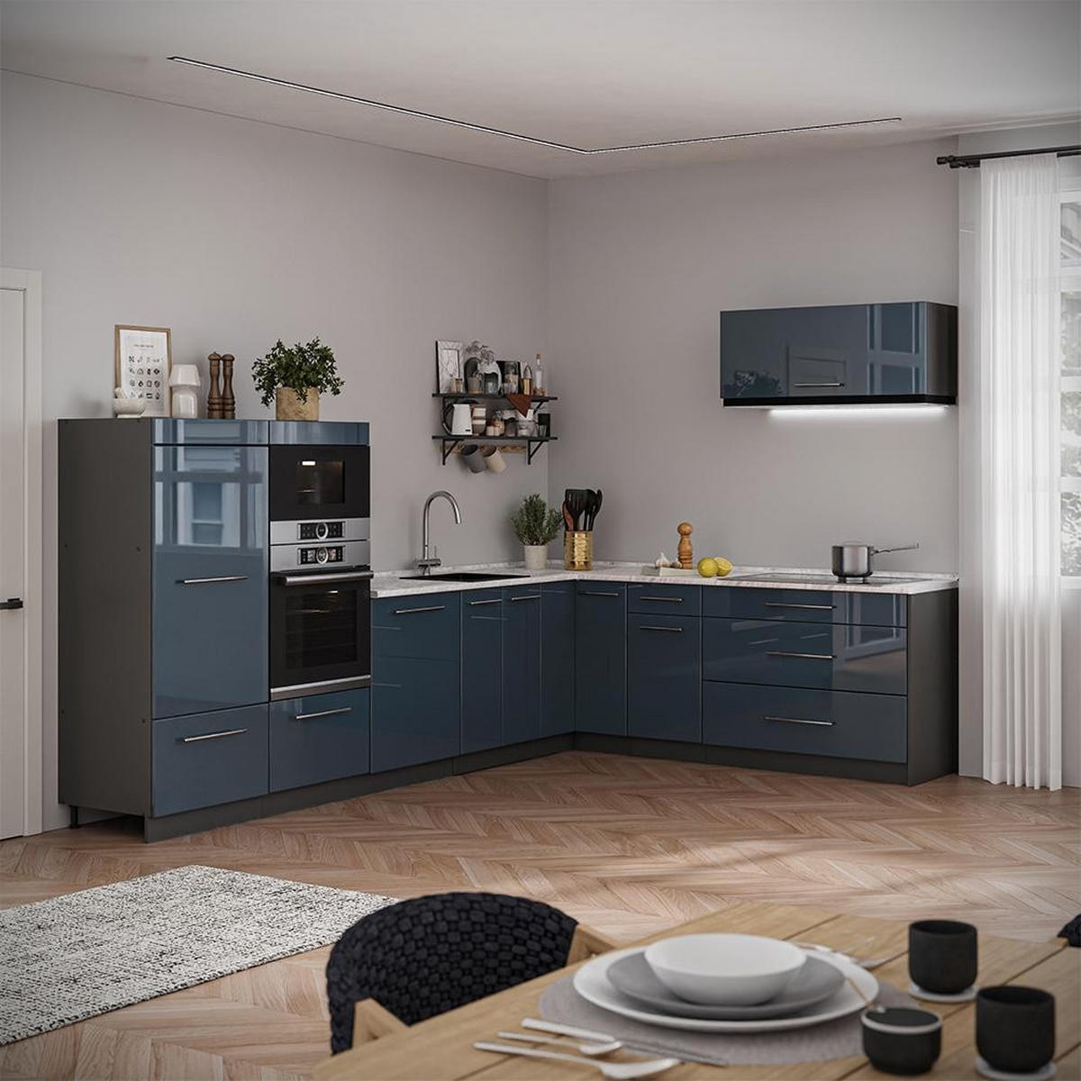 KUHINJA V OBLIKI ČRKE L Fame-Line, Temno modra z visokim sijajem/Antracit, 327 x 227 cm, DP Marmor - antracit/temno modra, leseni material (327/153.6/60cm) - Vicco