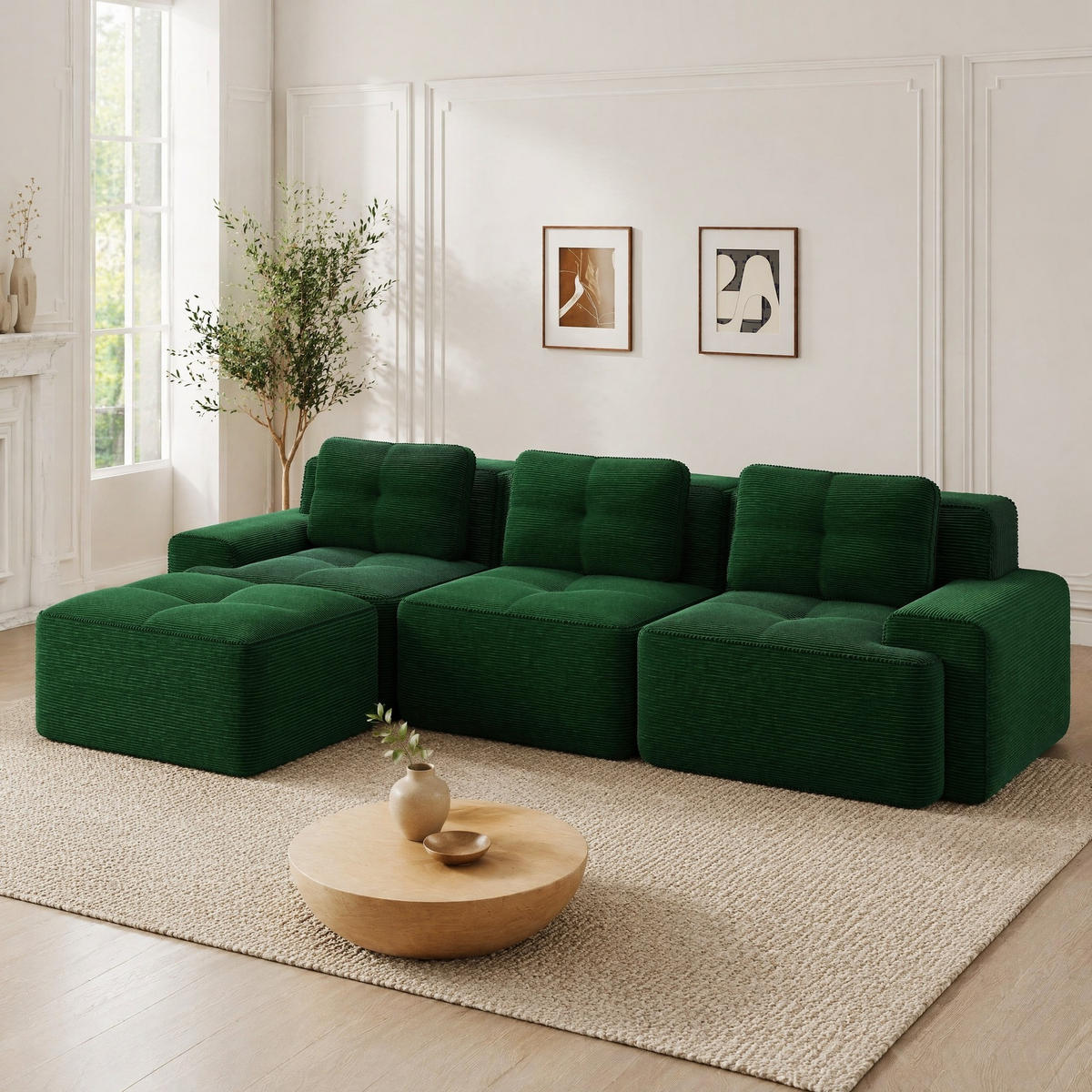 MODULARES Ecksofa aus Cord in Grün 293x177x69 cm mit Ottomane, tiefem Sitz und breiten Armlehnen - Grün, Textil (177/293cm) - IVMEU