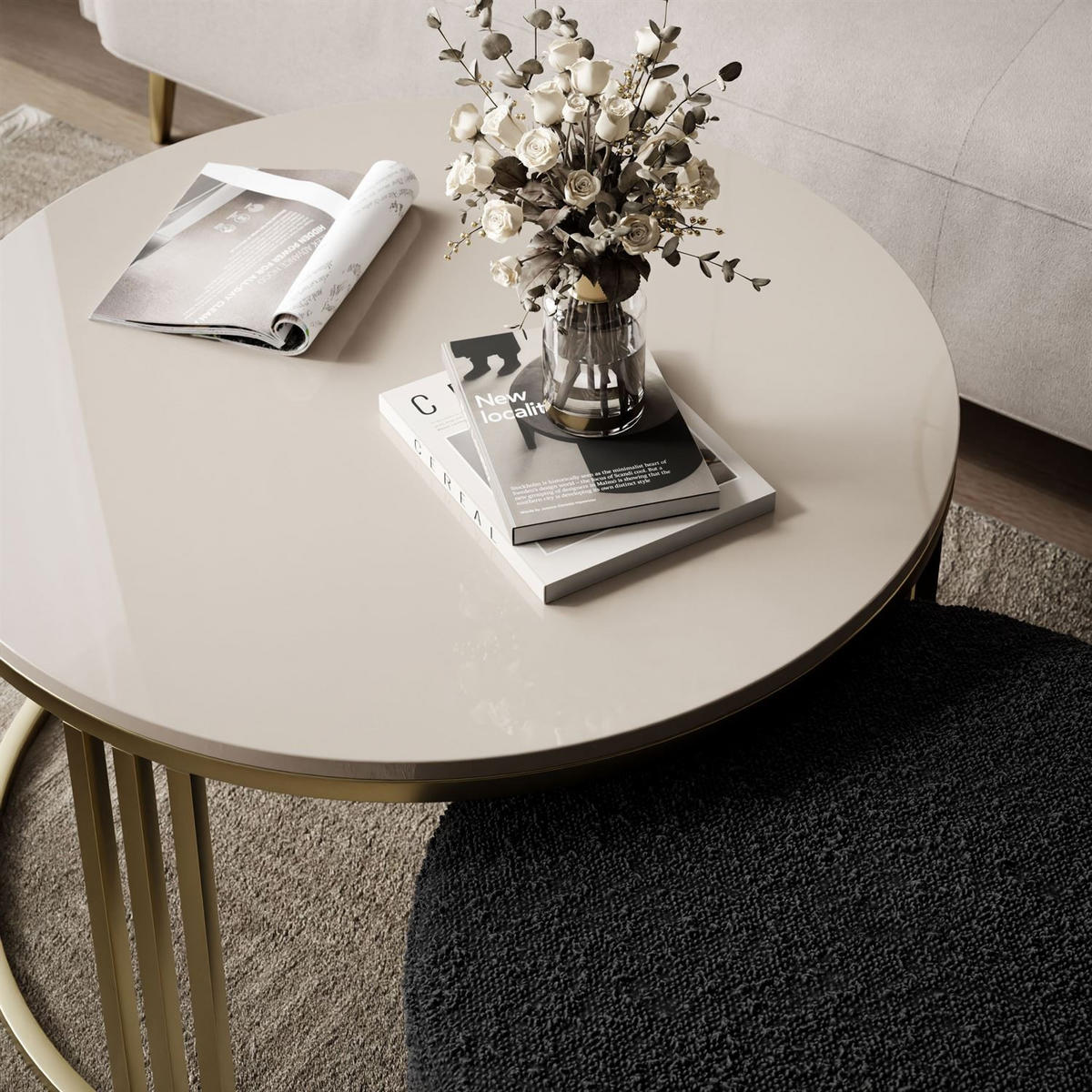 COUCHTISCH mit Hocker LORI Hochglanz gebürstetes Gold/glänzender Kaschmir/Coral 60 - Kaschmir, Metall (70/70/49cm) - Lookway