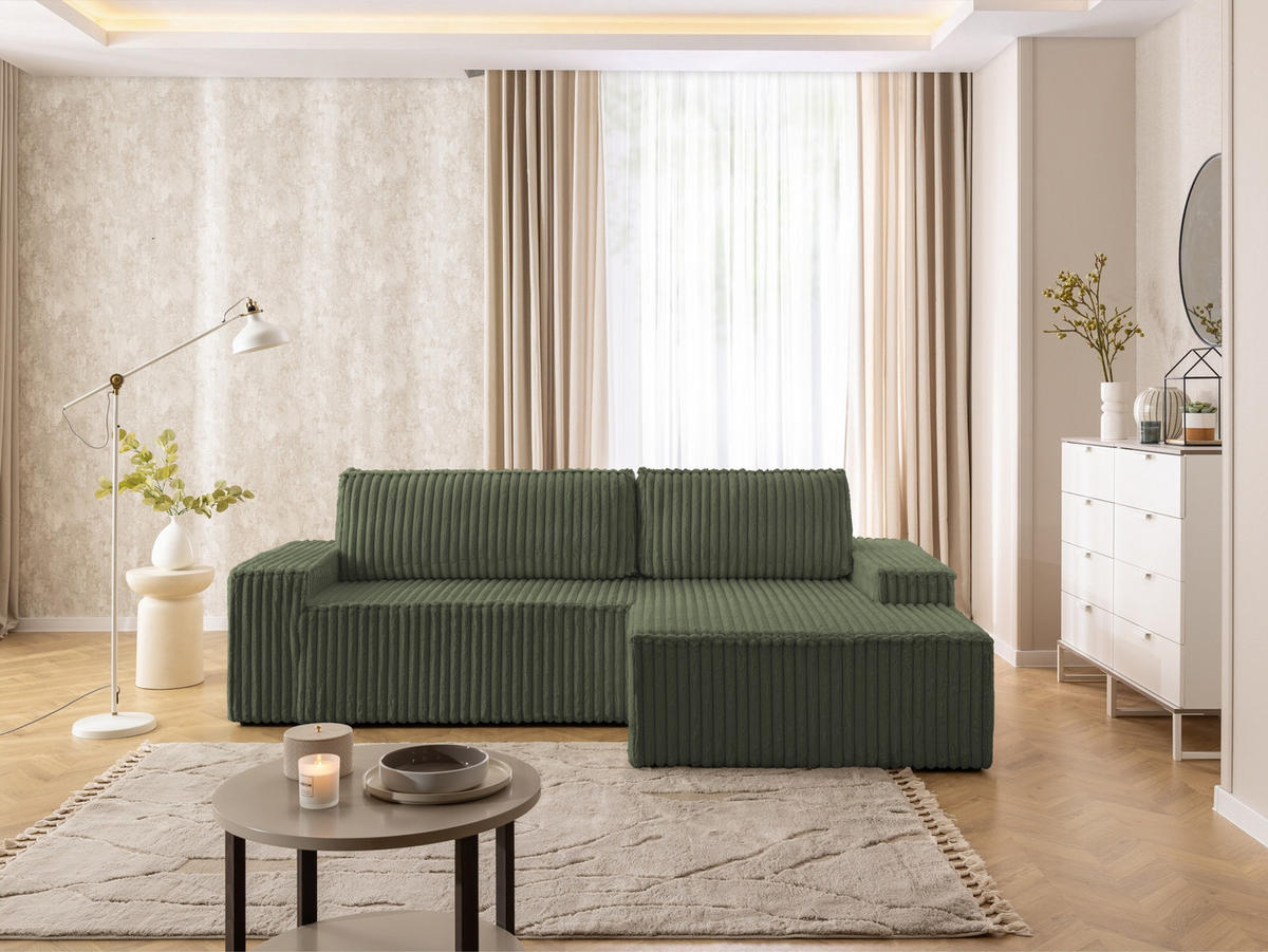 ECKSOFA Rivio mit Schlaffunktion und Bettkasten, Plüschcord Grün - Schwarz/Grün, Holz/Kunststoff (262/149cm) - S-Style