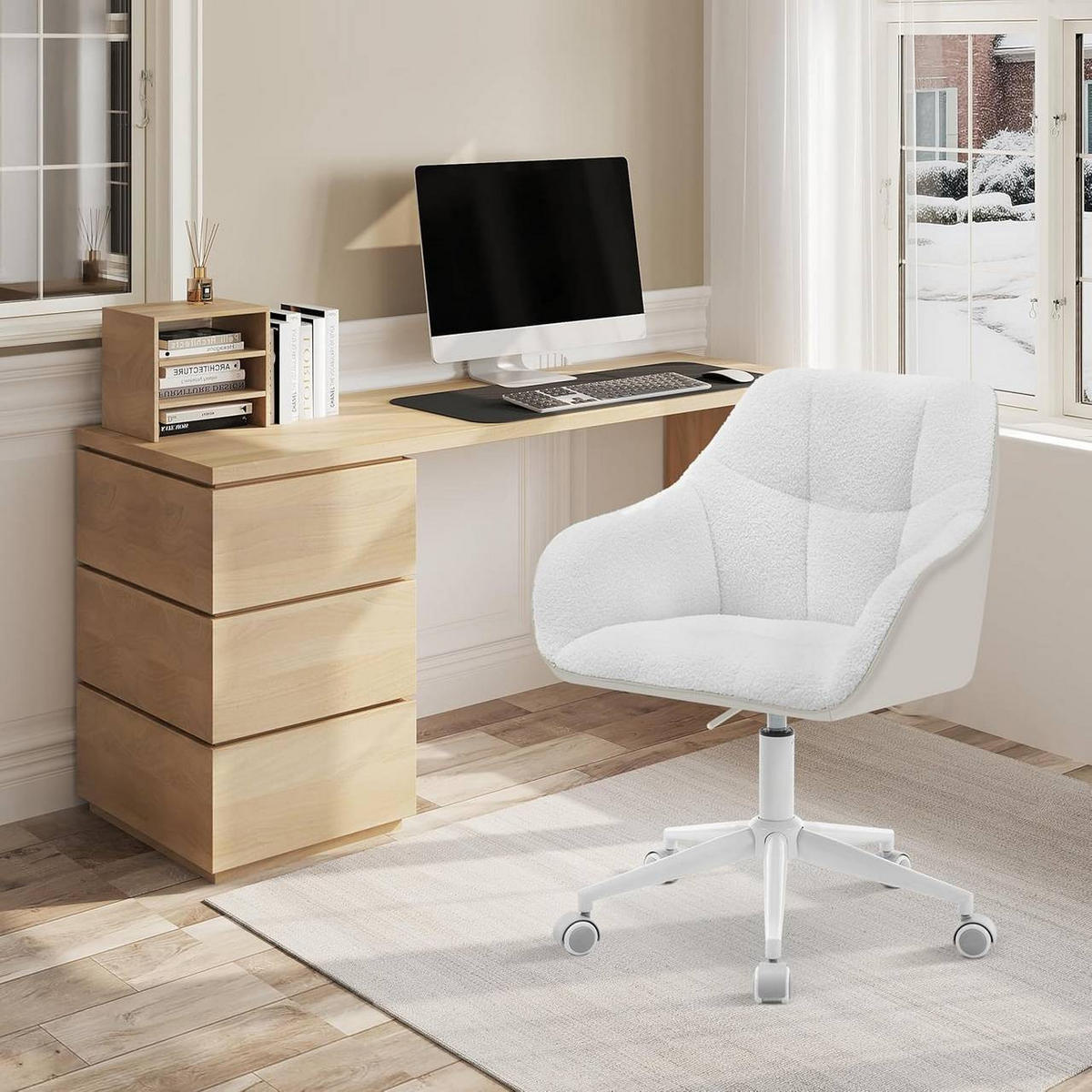 DREHSTUHL höhenverstellbar, Bouclé-Sitz, Creme+Beige - Beige/Creme, Kunststoff/Textil (61/81/56cm) - Woltu