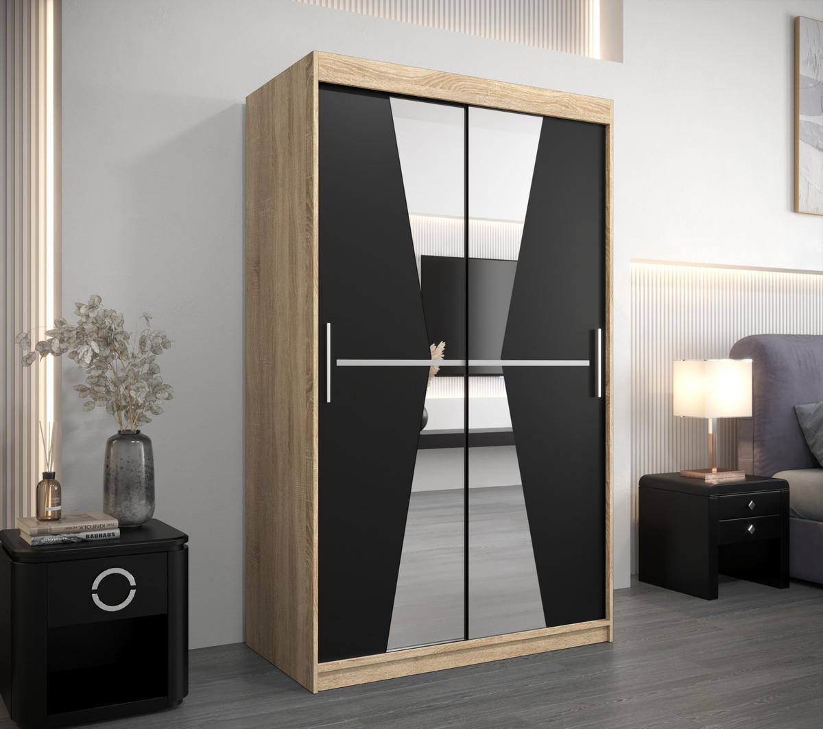 SCHWEBETÜRENSCHRANK 200/120/62 2-türig - Silberfarben/Schwarz, Holz/Kunststoff (120/200/62cm) - Abiks Möbel