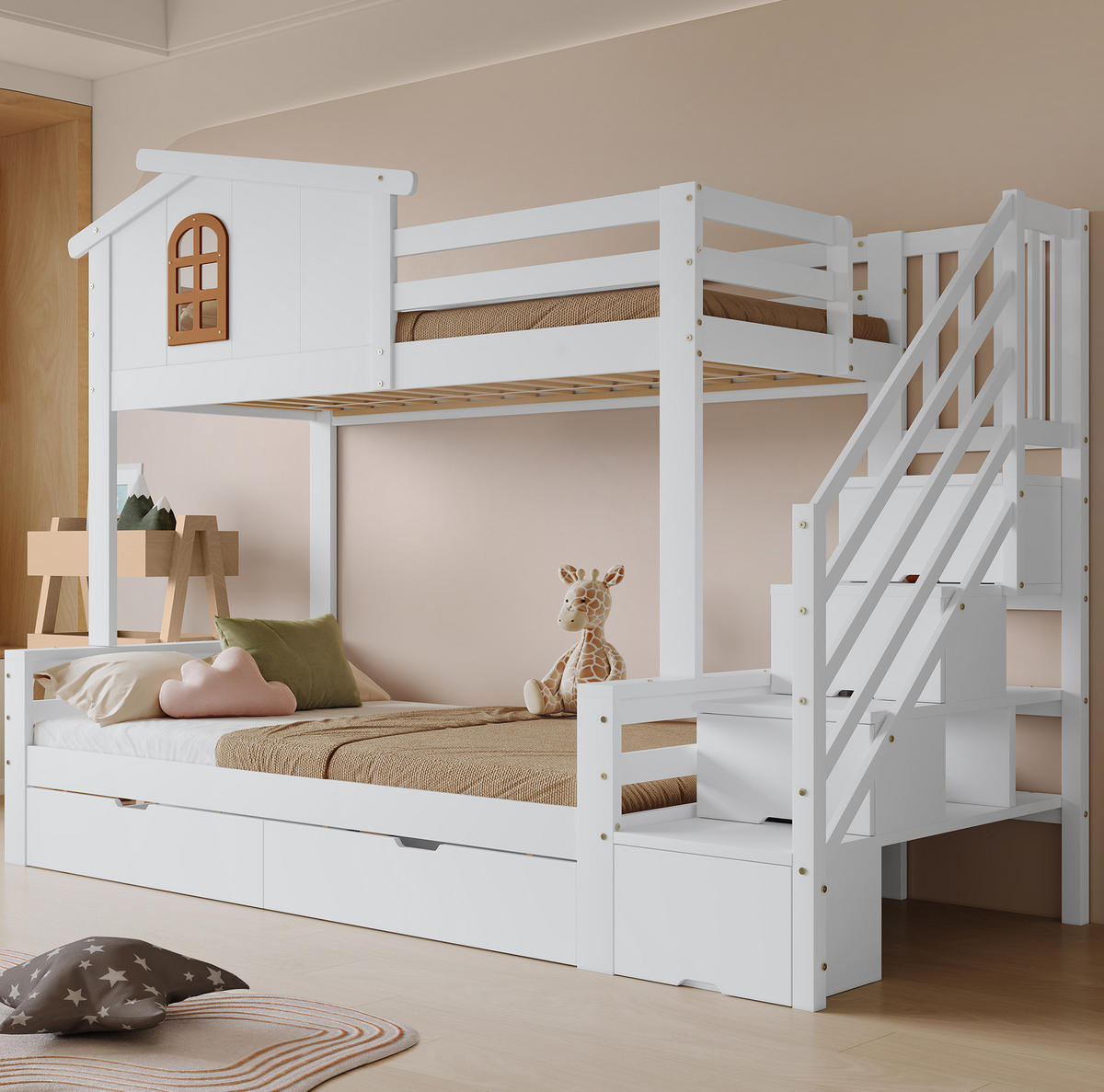 POSCHODOVÁ posteľ 90/200 a 120/200 cm biela/prírodná z masívu a MDF s rohovým rebríkom, skrinkou a 2 zásuvkami - biela, kompozitné drevo (90/200cm) - OKWISH