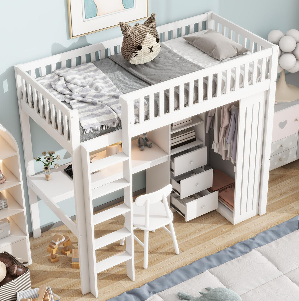 HOCHBETT 90/200 cm mit Matratze mit Schreibtisch und Kleiderschrank in Weiß - Weiß, Holzwerkstoff (90/200cm) - OKWISH
