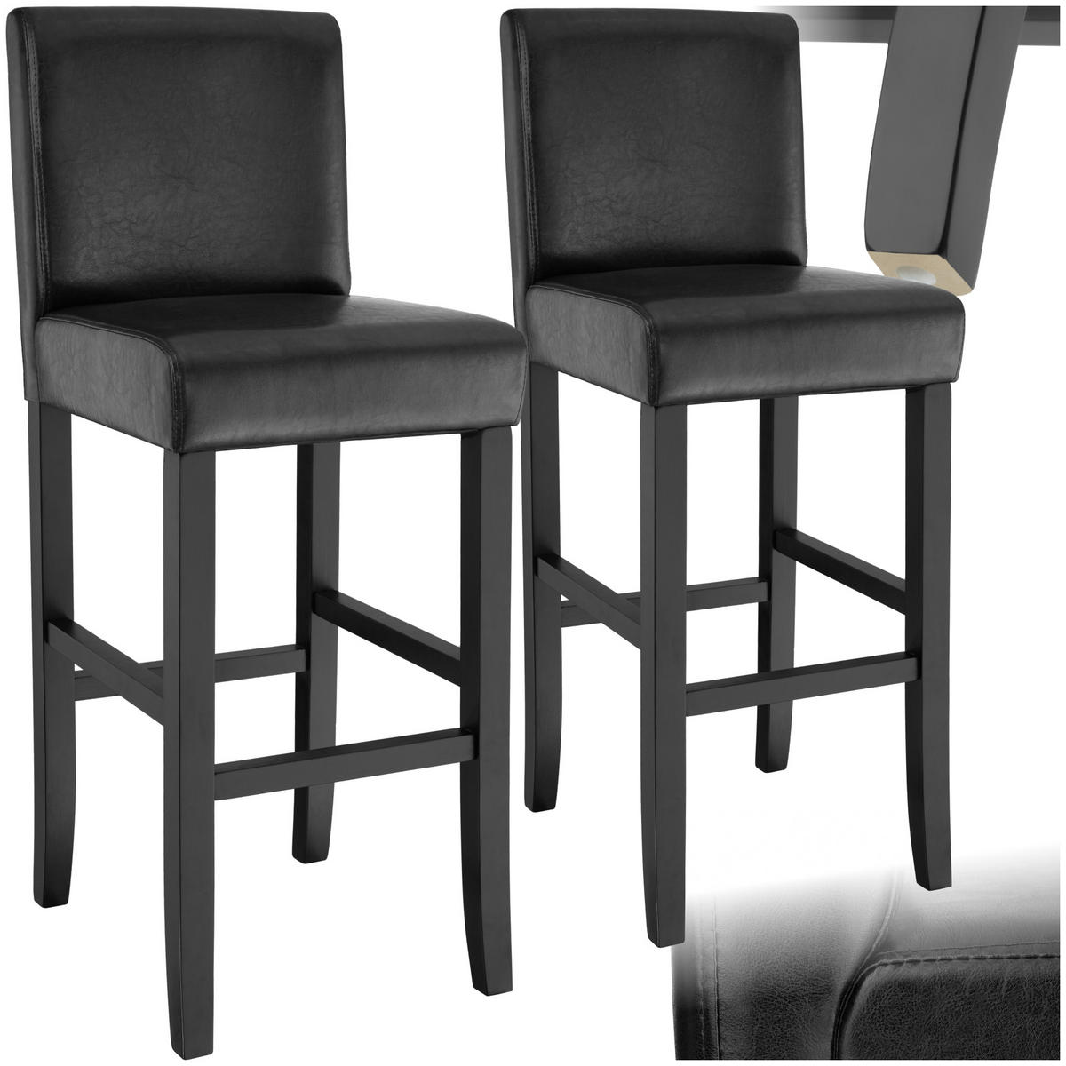 BARHOCKER 2er Set Kunstleder, Sitzhöhe 76 cm,antikbraun - Schwarz, Holz (40/107/41cm) - tectake
