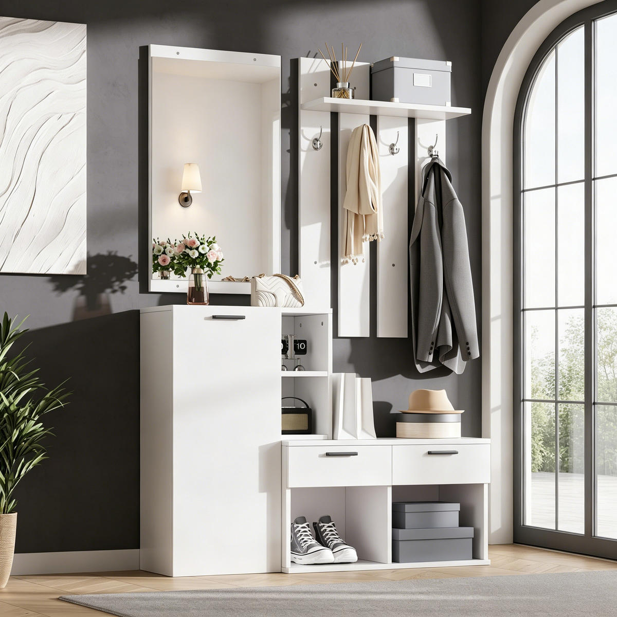 KOMPAKTGARDEROBE Spiegel Schuhschrank 2 Schubladen Weiß - Weiß, Holzwerkstoff (120/175.5/35cm) - FLIEKS